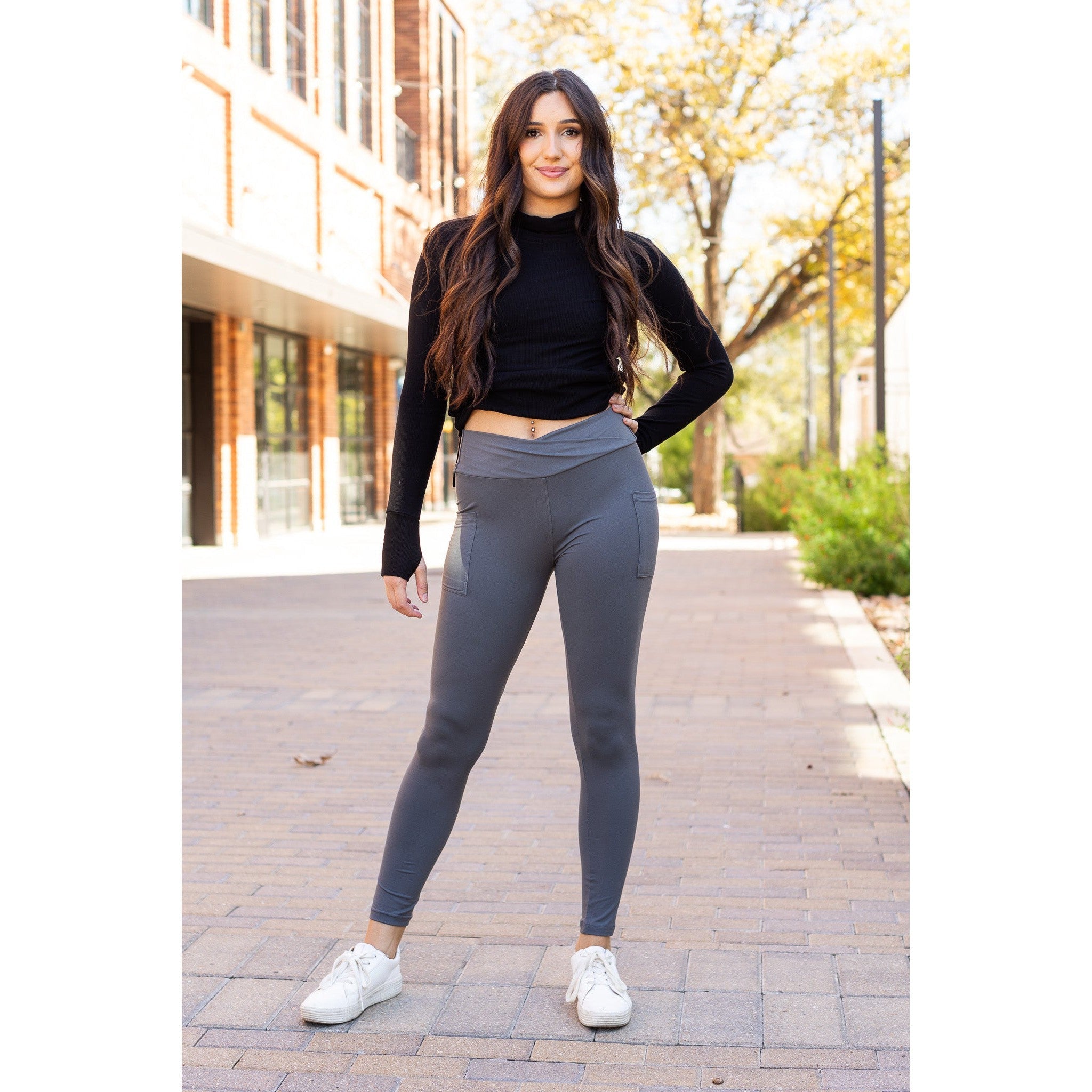 The Caitlin - CHARCOAL Crossover Full Length Leggings with Pockets