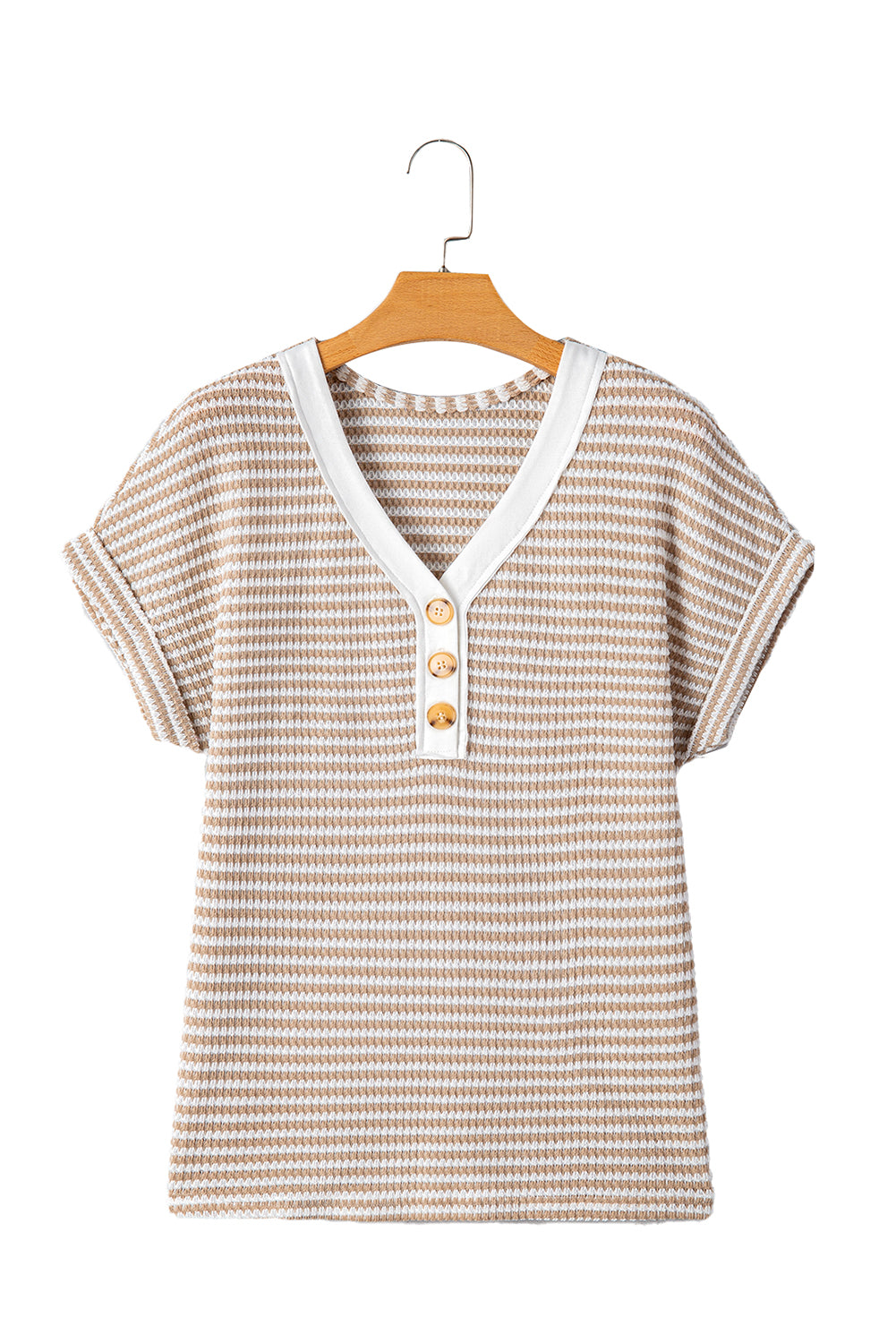 PRE-ORDER: Khaki Striped Button Front V Neck Knitted Top
