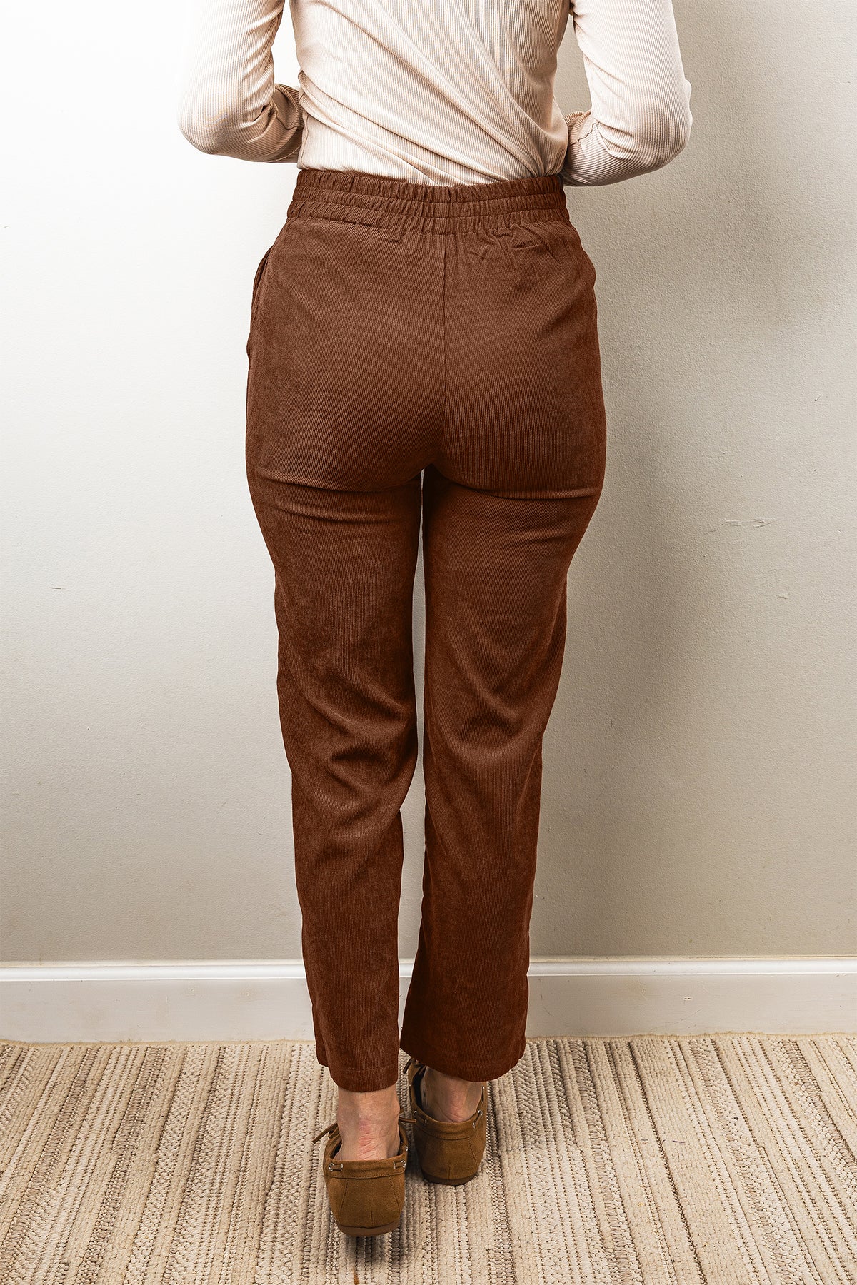 PRE-ORDER: Coffee Elastic Waist Straight Leg Ankle Length Corduroy Pants