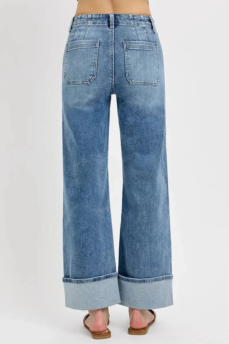 High Rise Ankle Wide Button Patch Pocket Cuffed Jeans