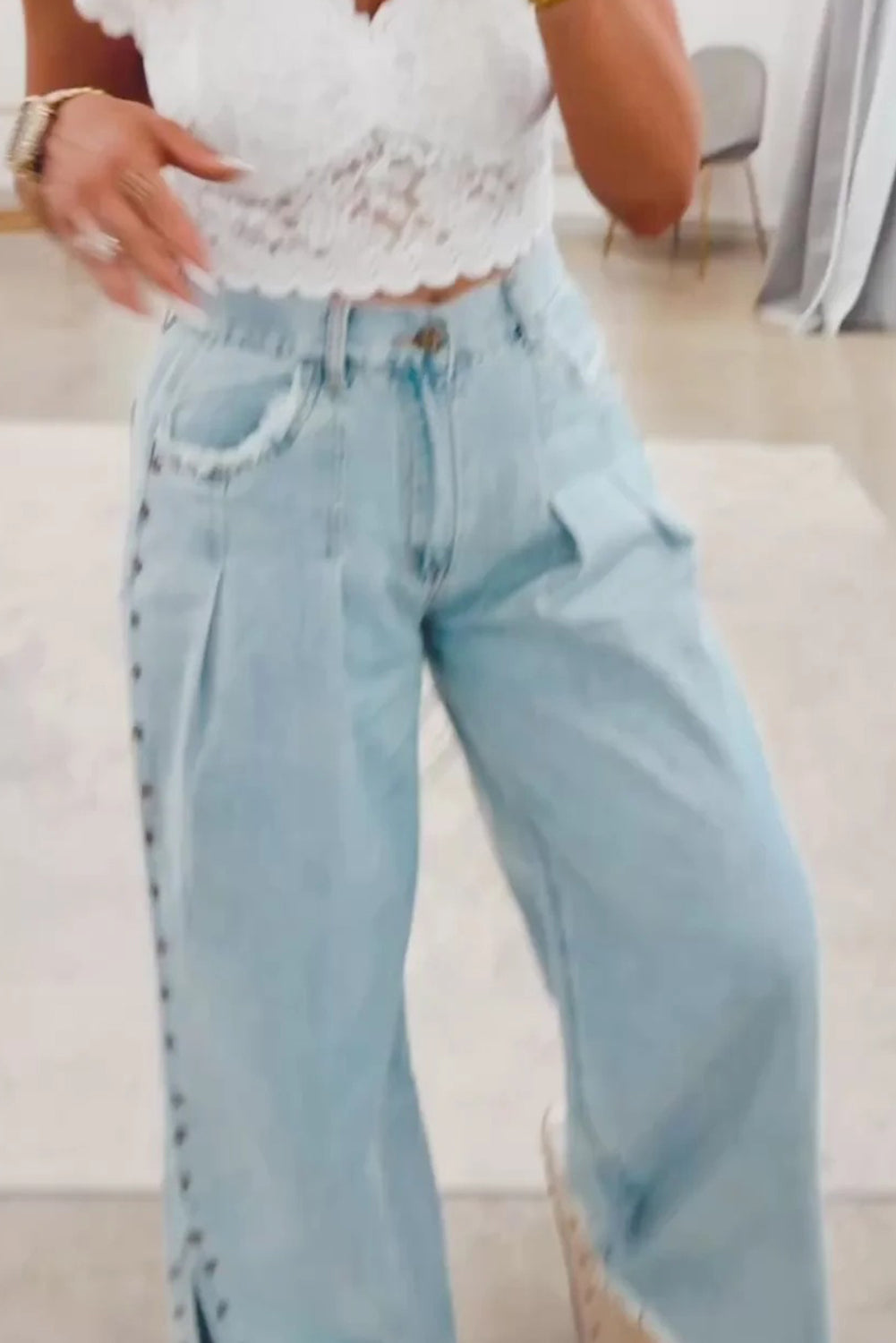 PRE-ORDER: Studded Side Slit Leg Frayed Pocketed Wide Leg Jeans