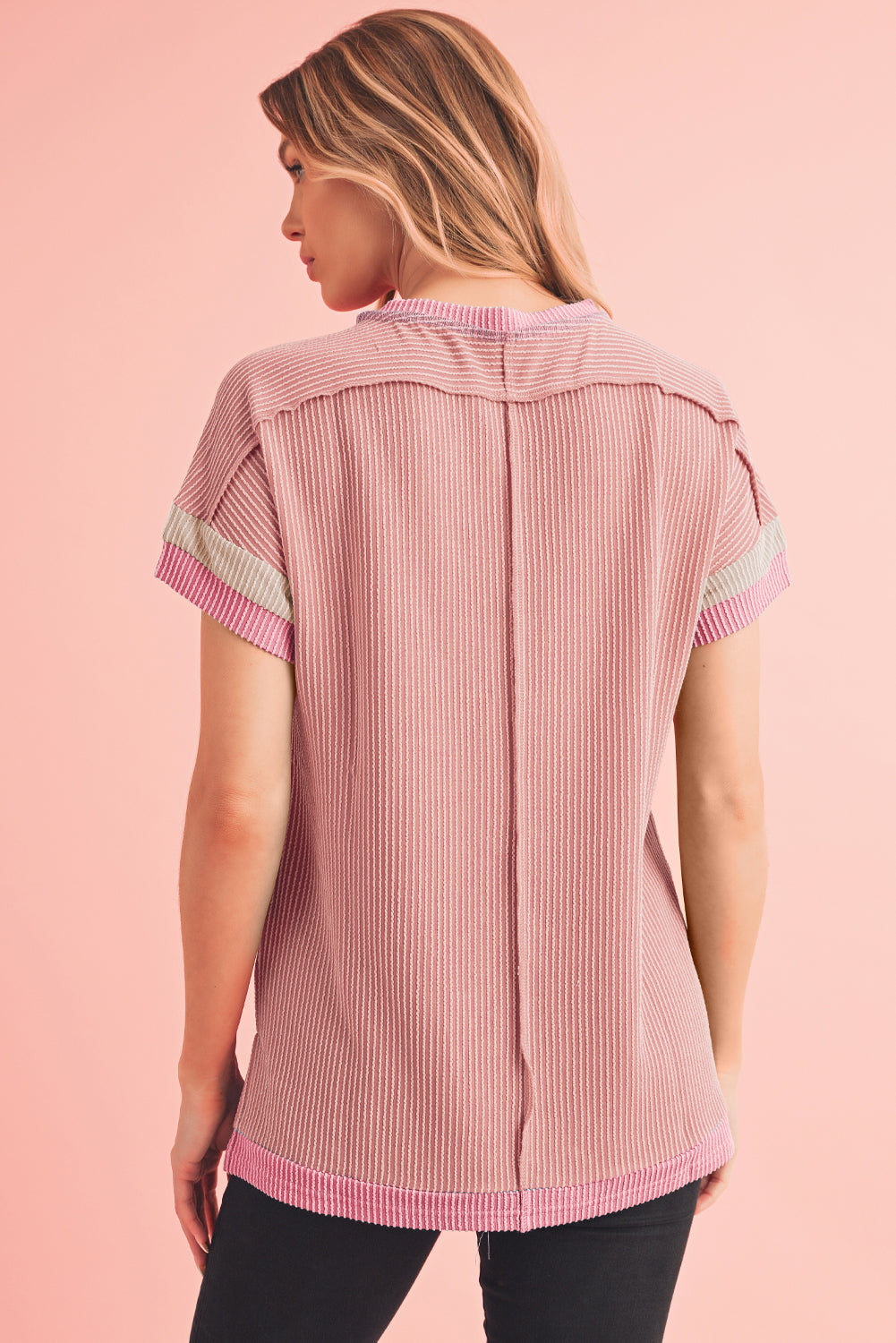 PRE-ORDER: Textured Contrast Color Round Neck T Shirt