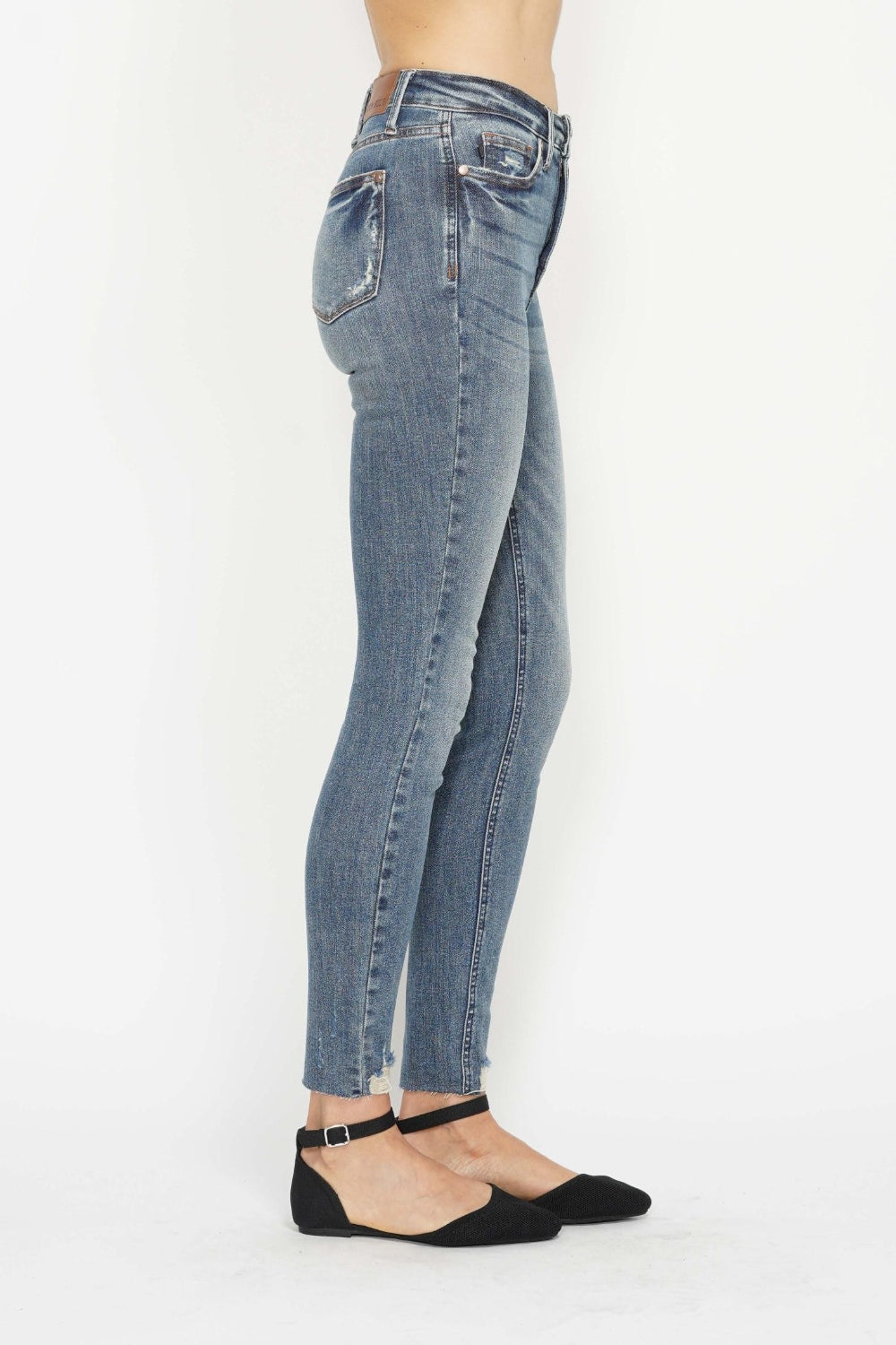 Tummy Control Vintage Wash Hem Destroy Skinny Jeans