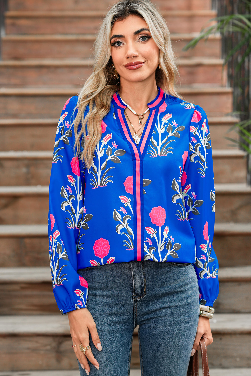 PRE-ORDER: Blue Floral Print Pop Of Color V Neck Puff Sleeve Blouse
