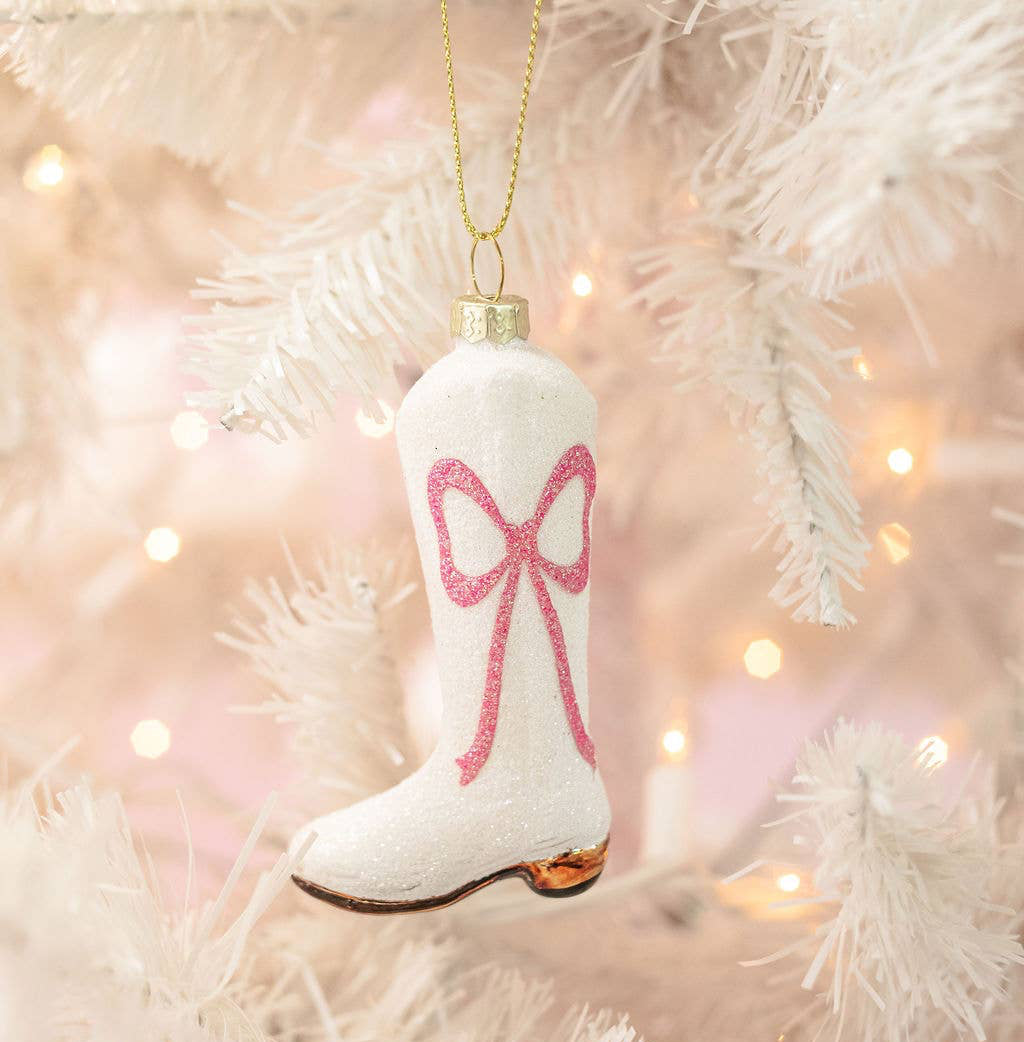 Cowboy Boot Christmas Ornament with Glitter Pink Bow