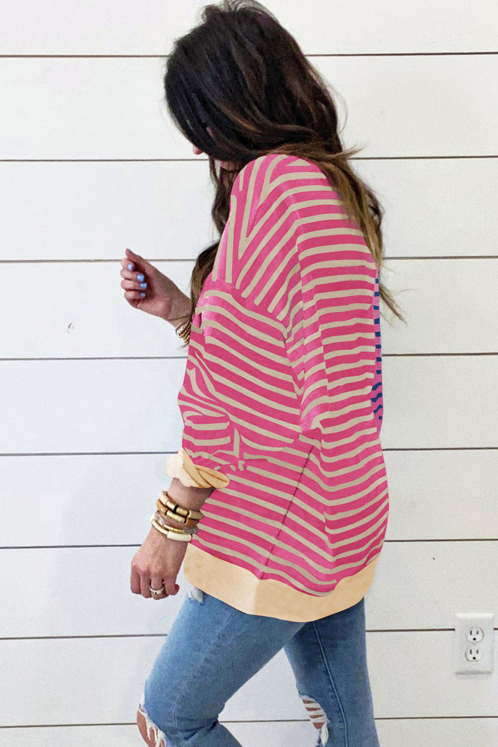 Casual Striped Colorblock Drop Shoulder Oversized Sweatshirt