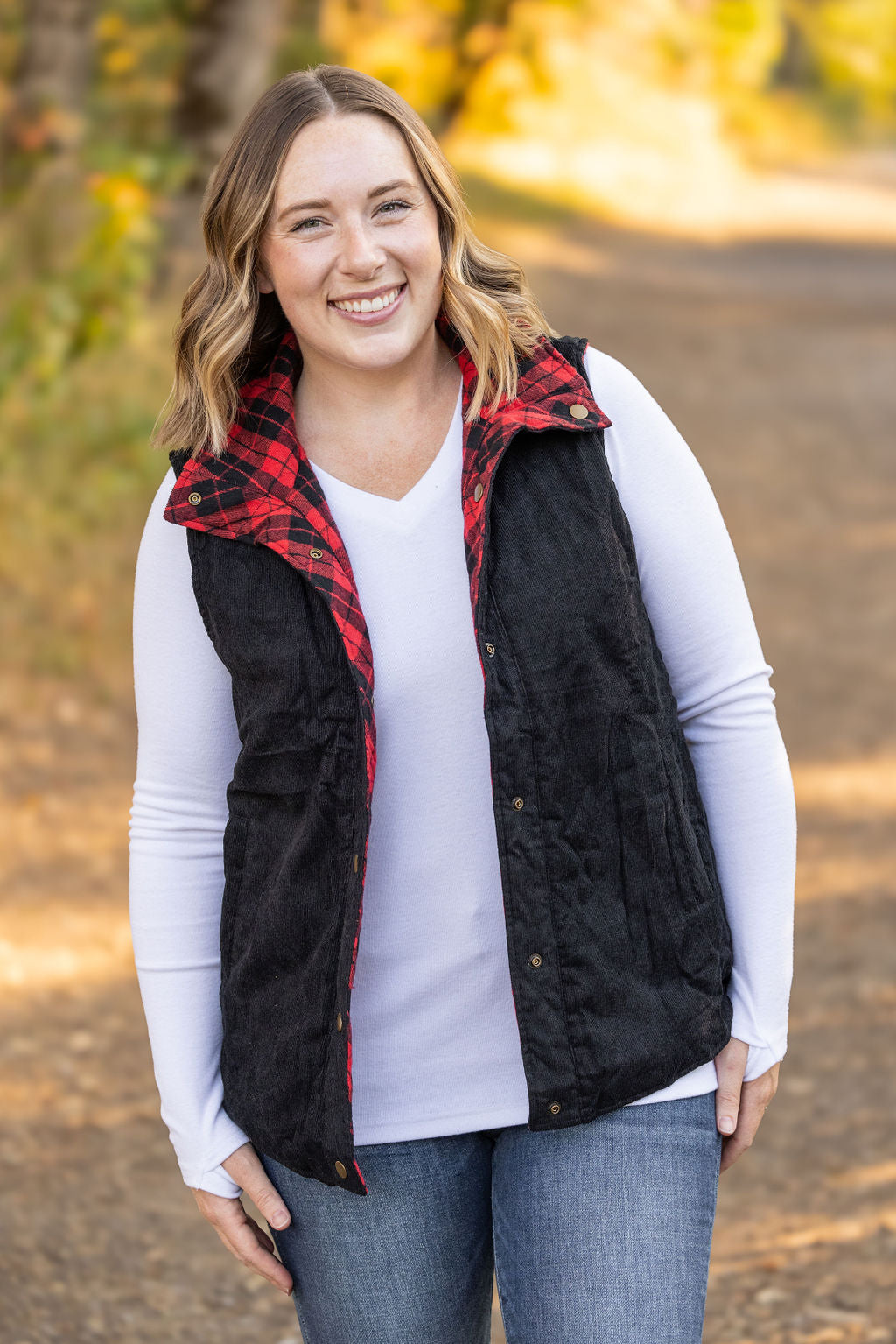 Reversible Vest - Corded Black and Plaid