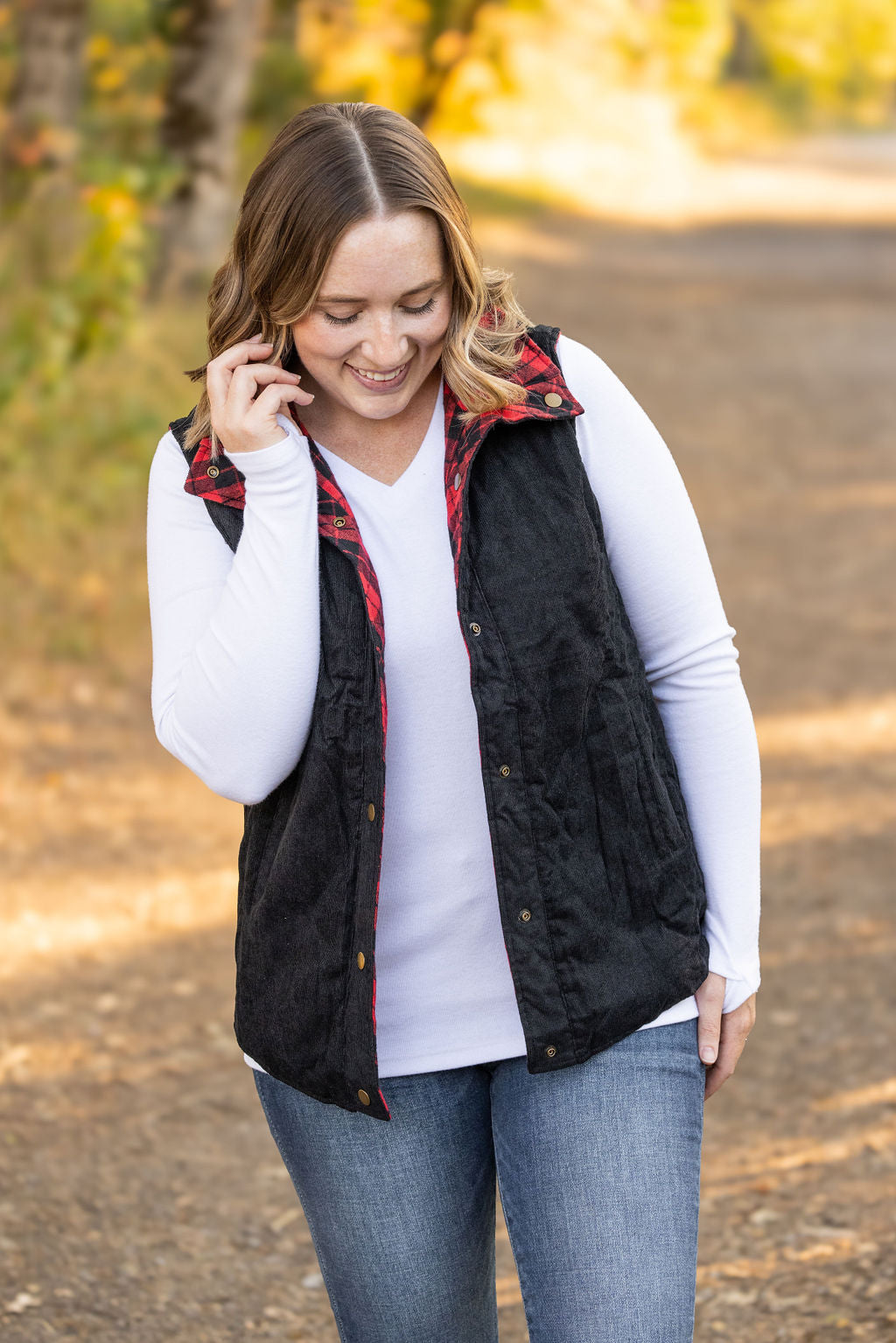 Reversible Vest - Corded Black and Plaid