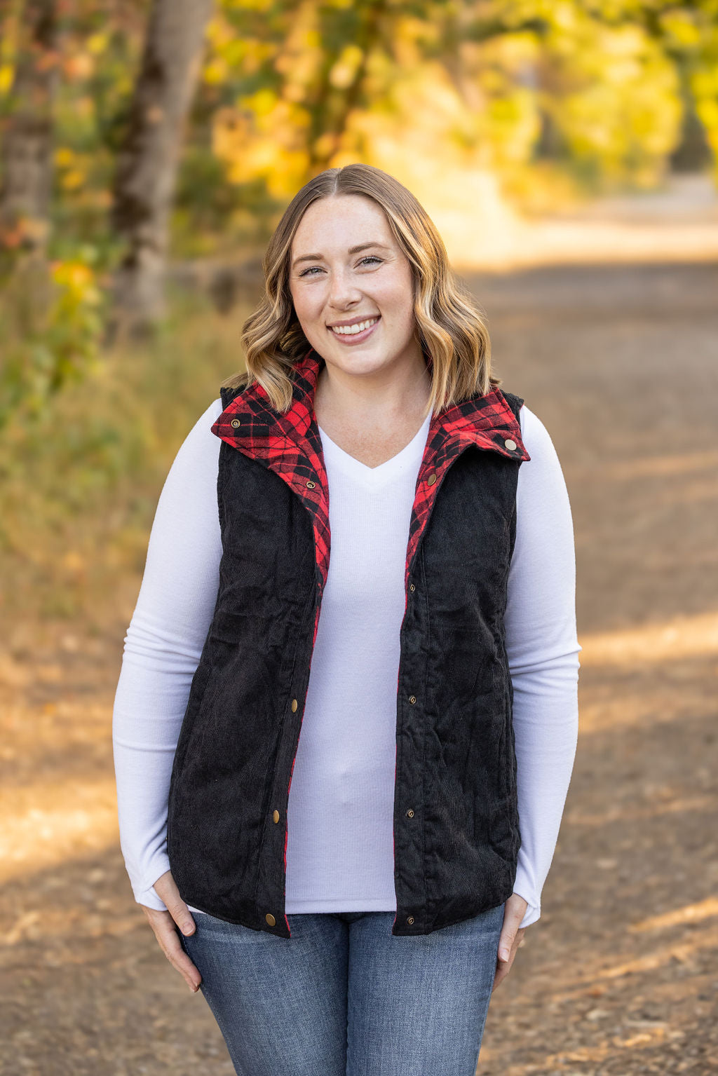 Reversible Vest - Corded Black and Plaid