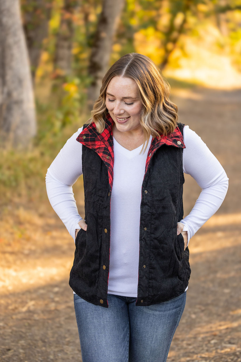 Reversible Vest - Corded Black and Plaid