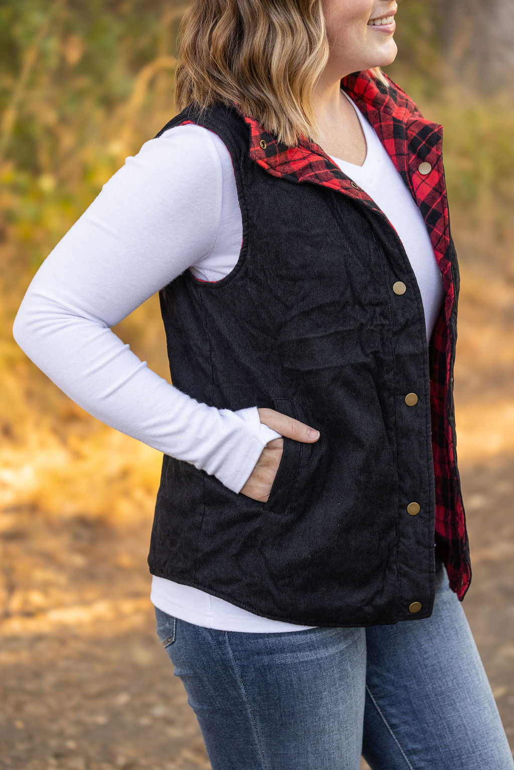 Reversible Vest - Corded Black and Plaid