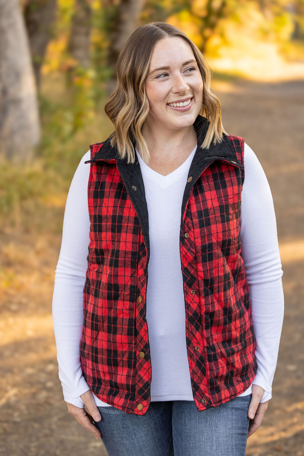 Reversible Vest - Corded Black and Plaid