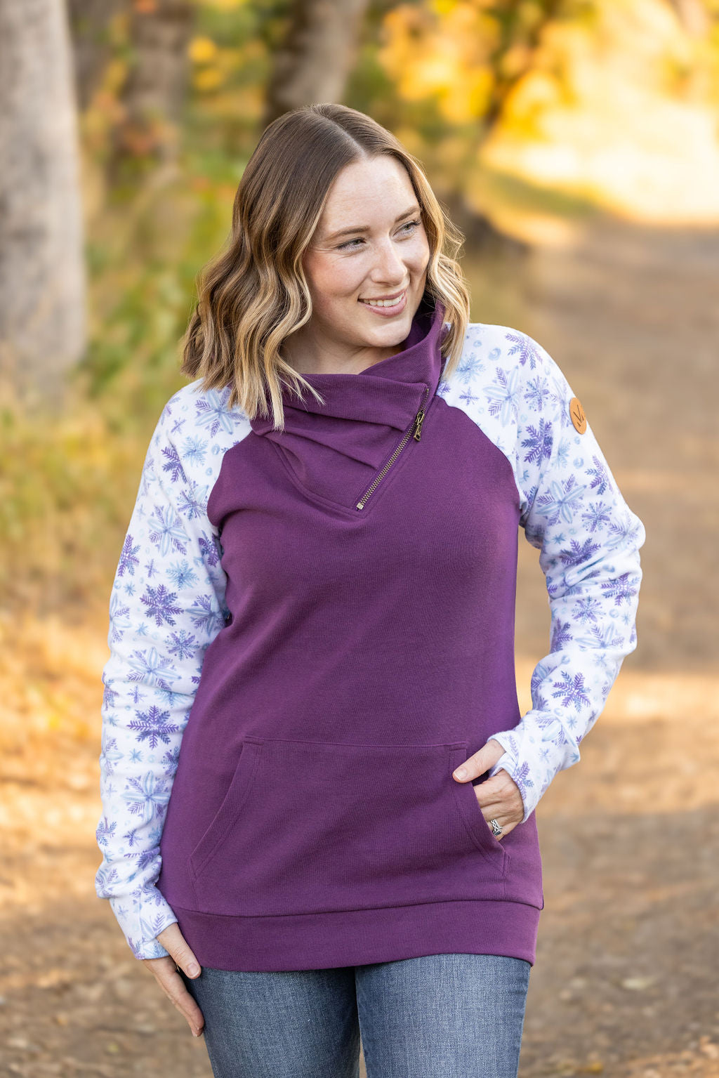 Classic Zoey ZipCowl Sweatshirt - Plum and Snowflakes