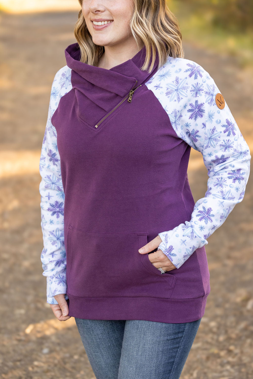 Classic Zoey ZipCowl Sweatshirt - Plum and Snowflakes