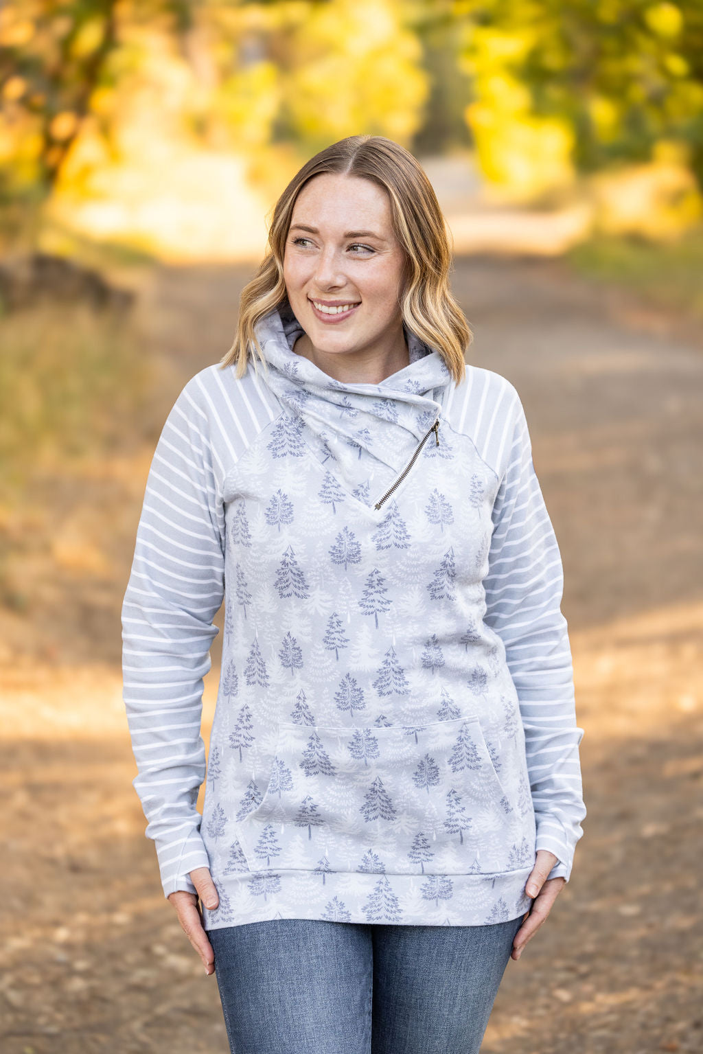 Classic Zoey ZipCowl Sweatshirt - Grey Trees and Stripes