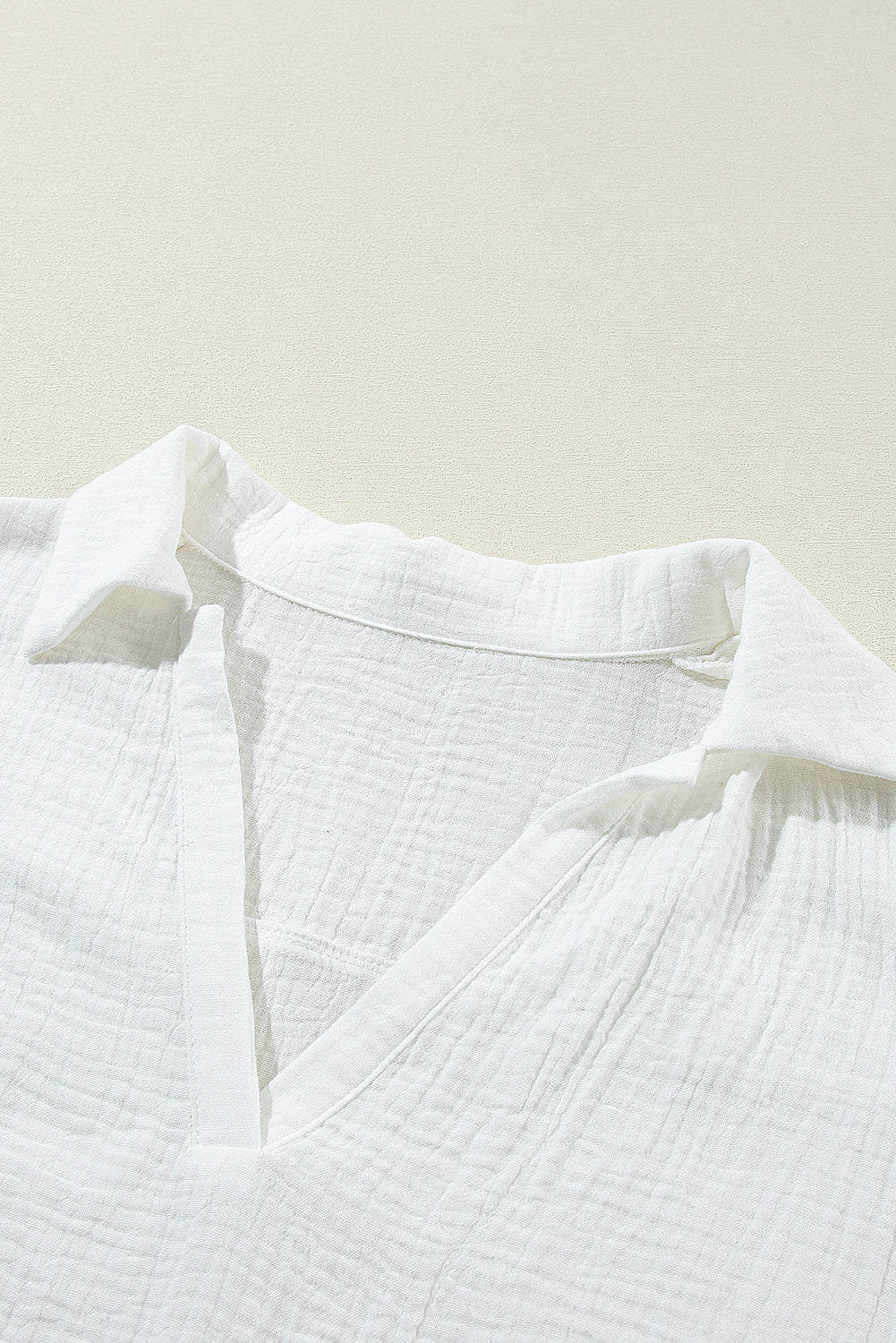 PRE-ORDER: Crinkled Lace Sleeve Collared V Neck Blouse