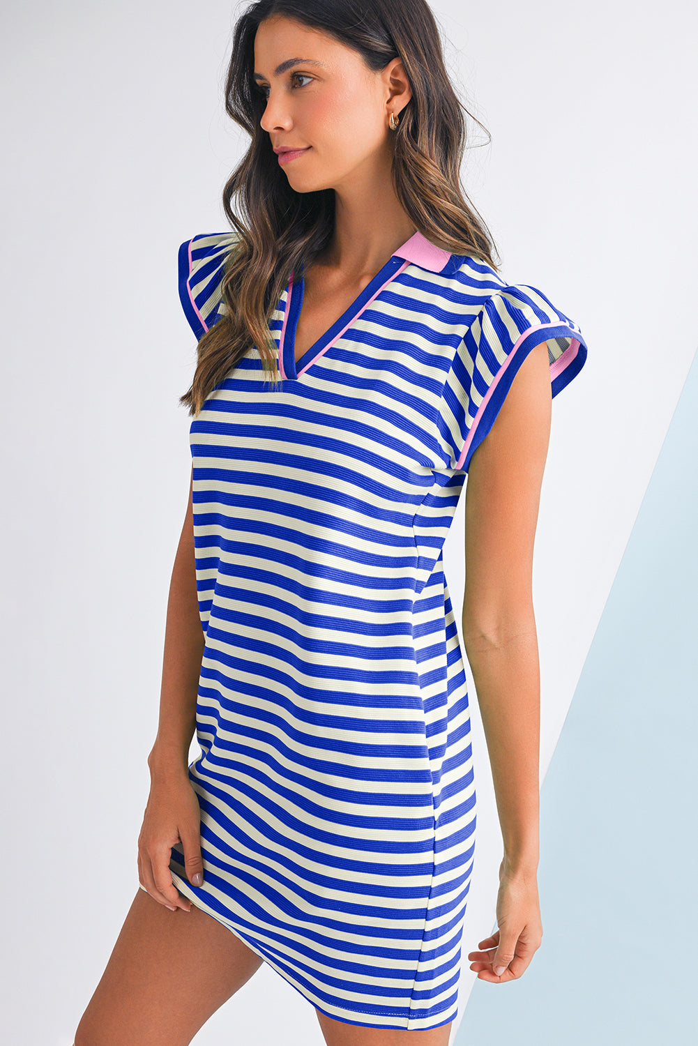 PRE-ORDER: Striped Ruffle Short Sleeve Pop of Color Neckline Dress