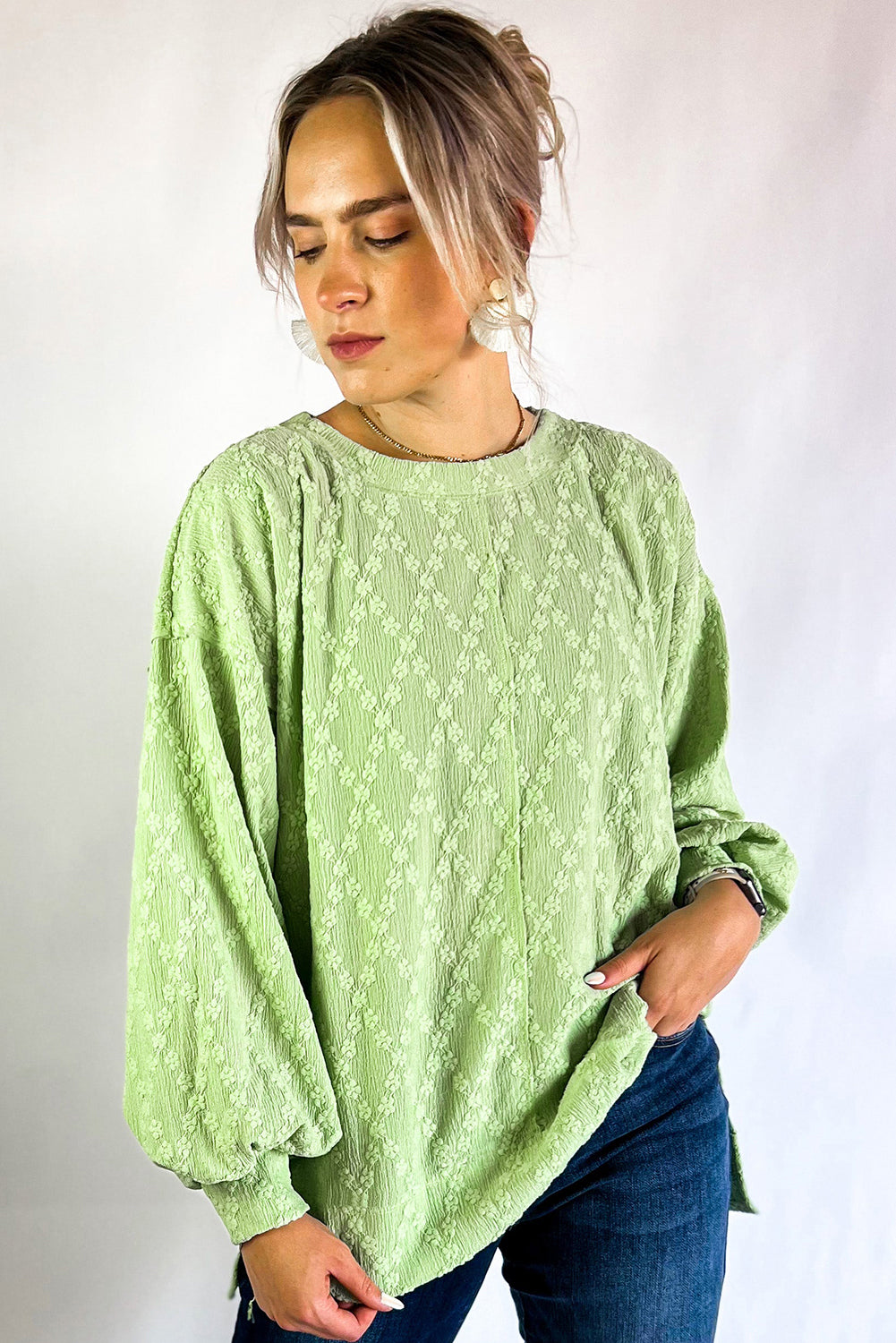 Light Green Textured Side Split Crew Neck Blouse