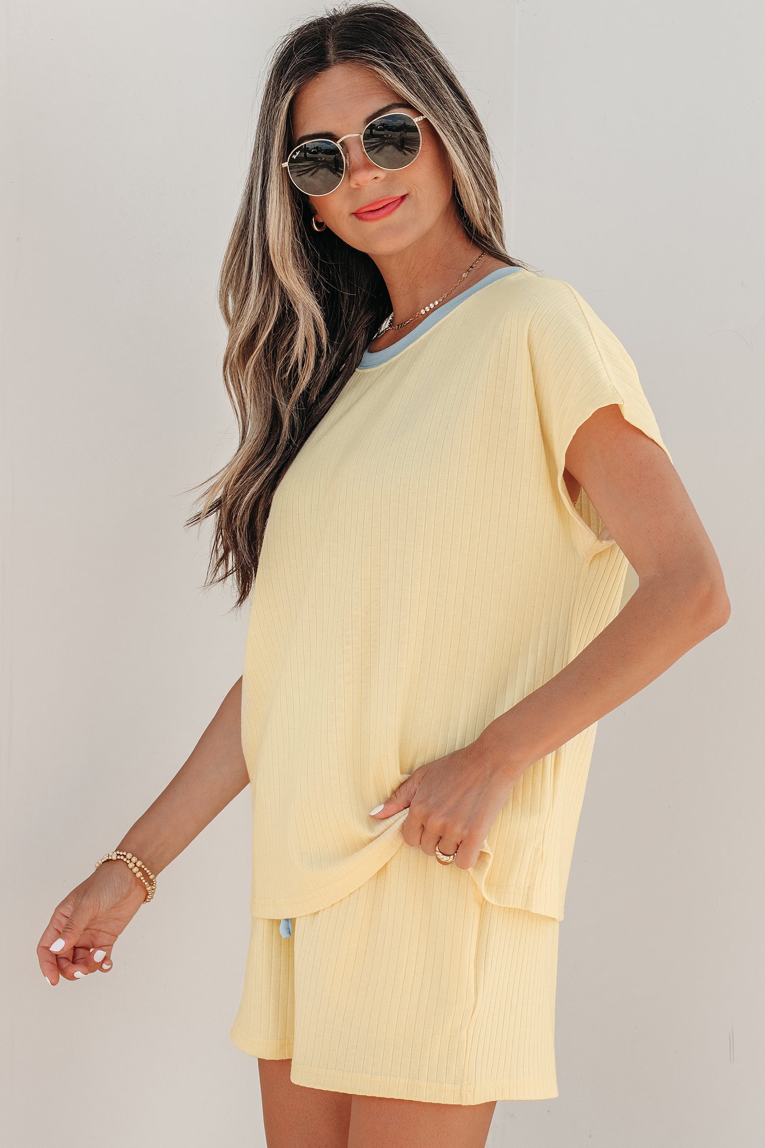 Soft Ribbed Color Block Trim Casual Short Set