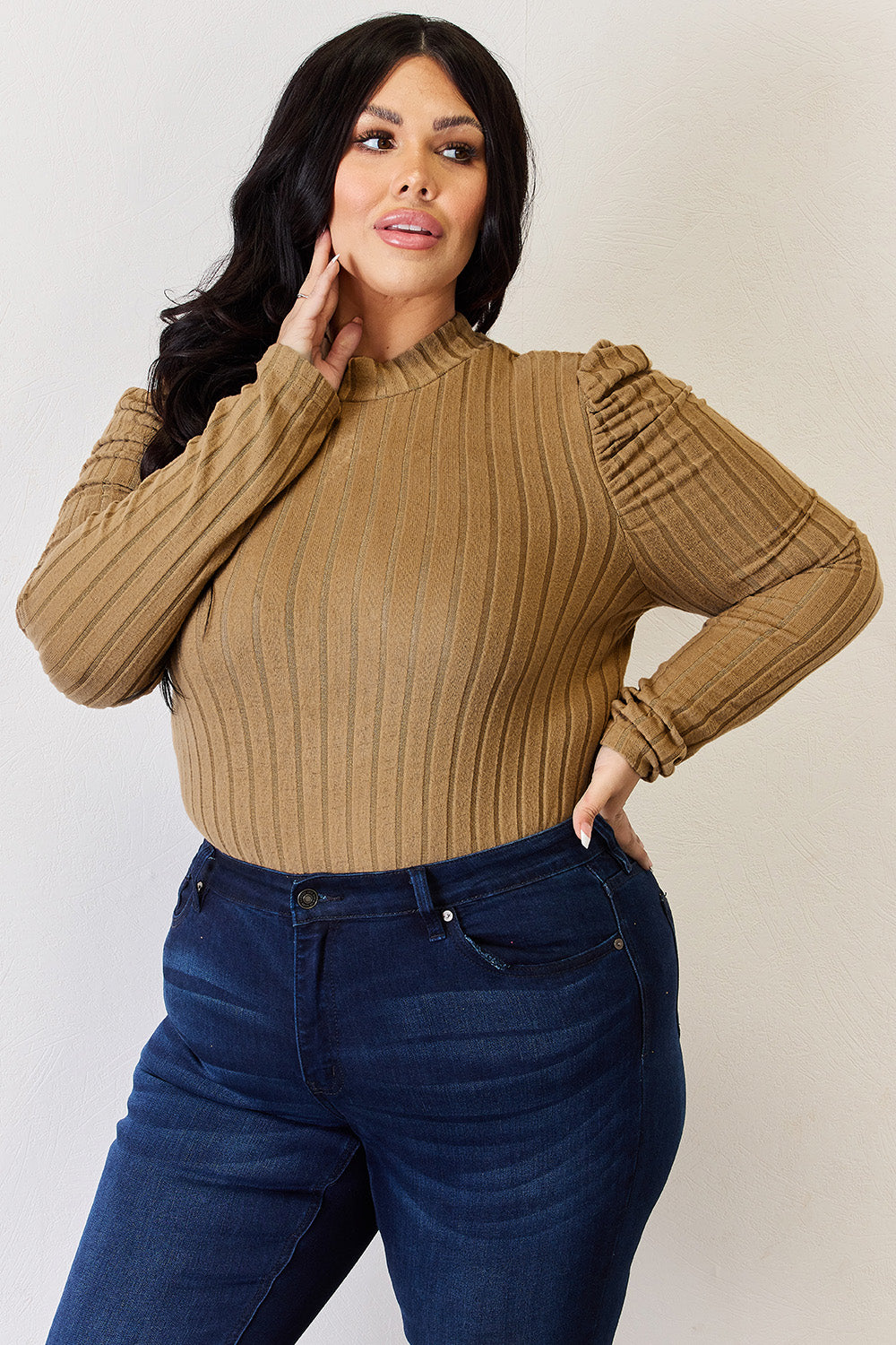 Ribbed Mock Neck Puff Sleeve Top