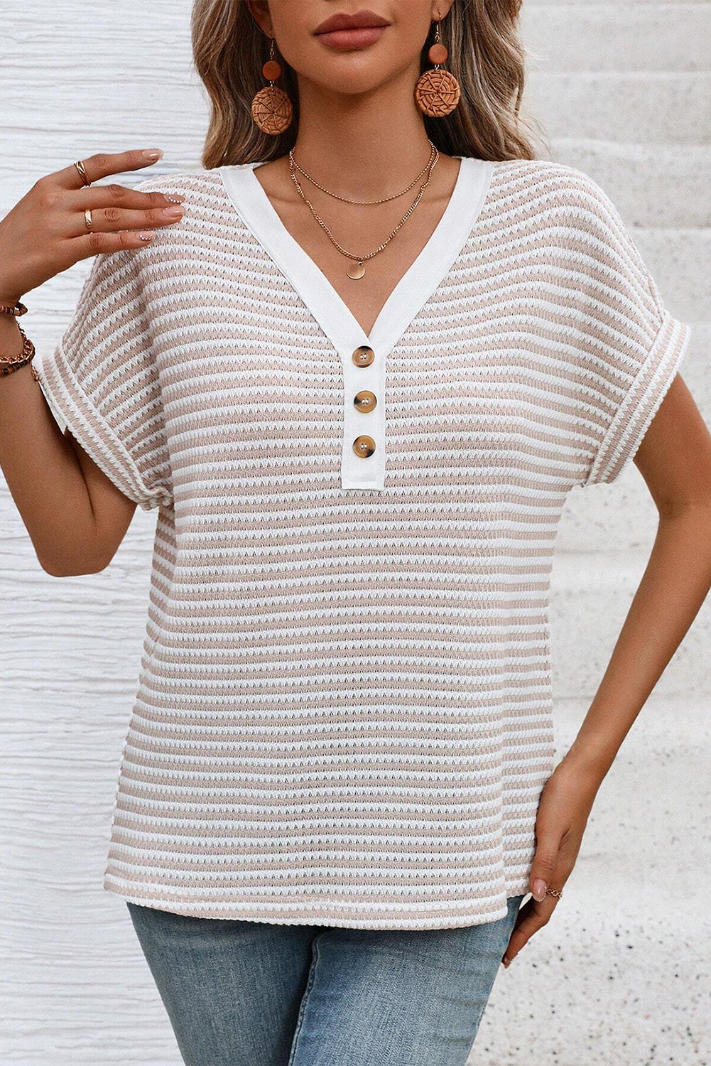 PRE-ORDER: Khaki Striped Button Front V Neck Knitted Top