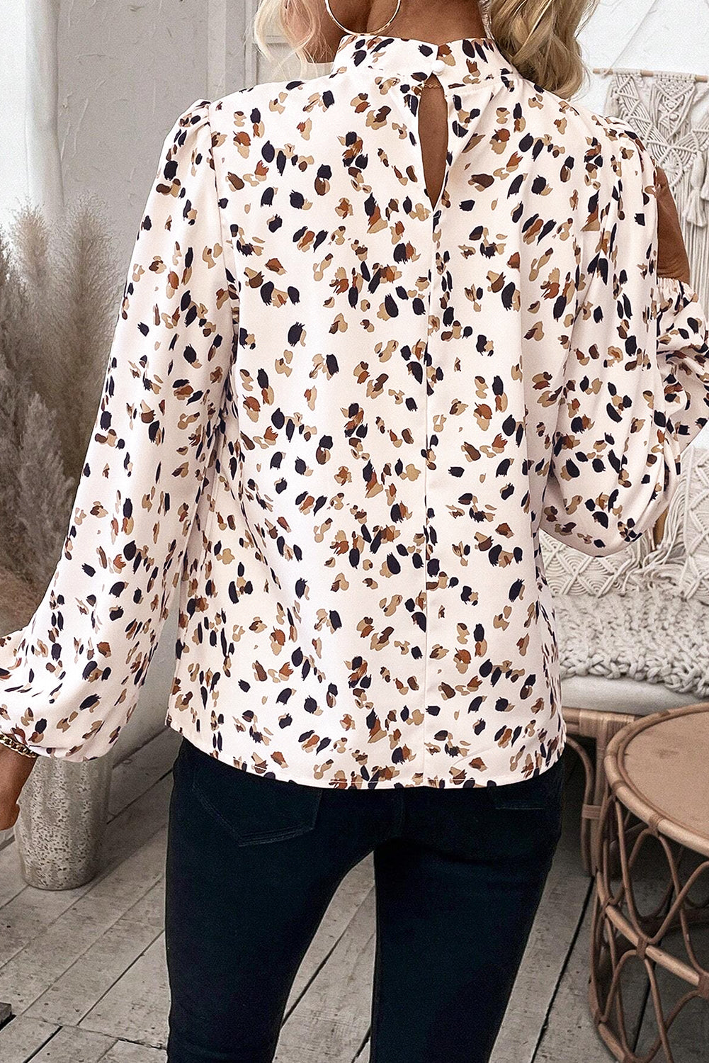 PRE-ORDER: Leopard Print Puff Sleeve Mock Neck Pleated Blouse