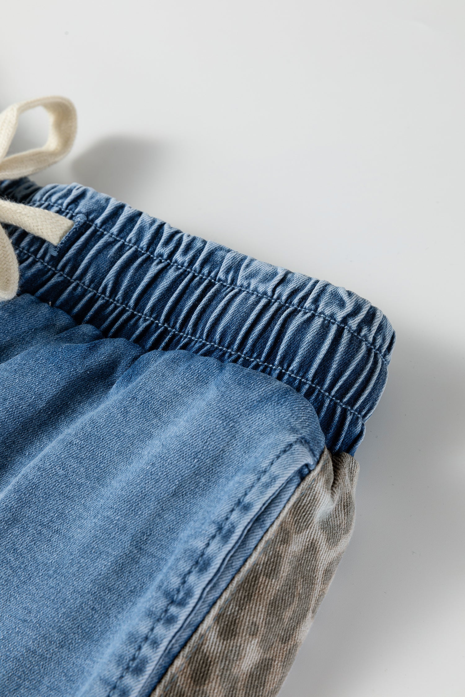 PRE-ORDER: Beau Blue Drawstring Elastic Waist Leopard Striped Side Panel Wide Leg Jeans