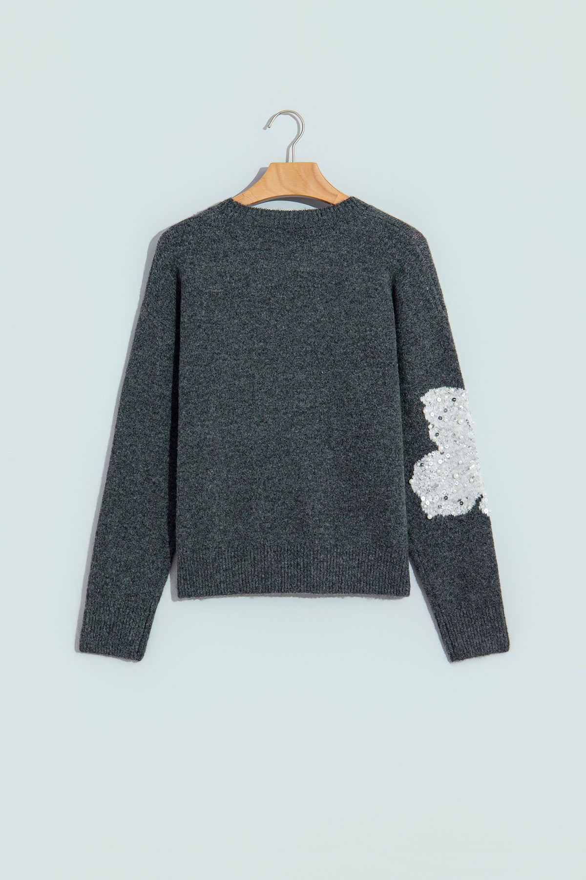 PRE-ORDER: Dark Grey Beaded Floral Accent Casual Round Neck Sweater
