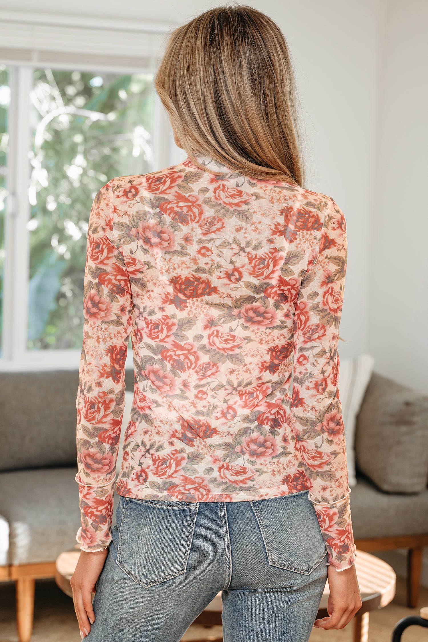 Retro Floral Print Mock Neck Mesh Long Sleeve Top