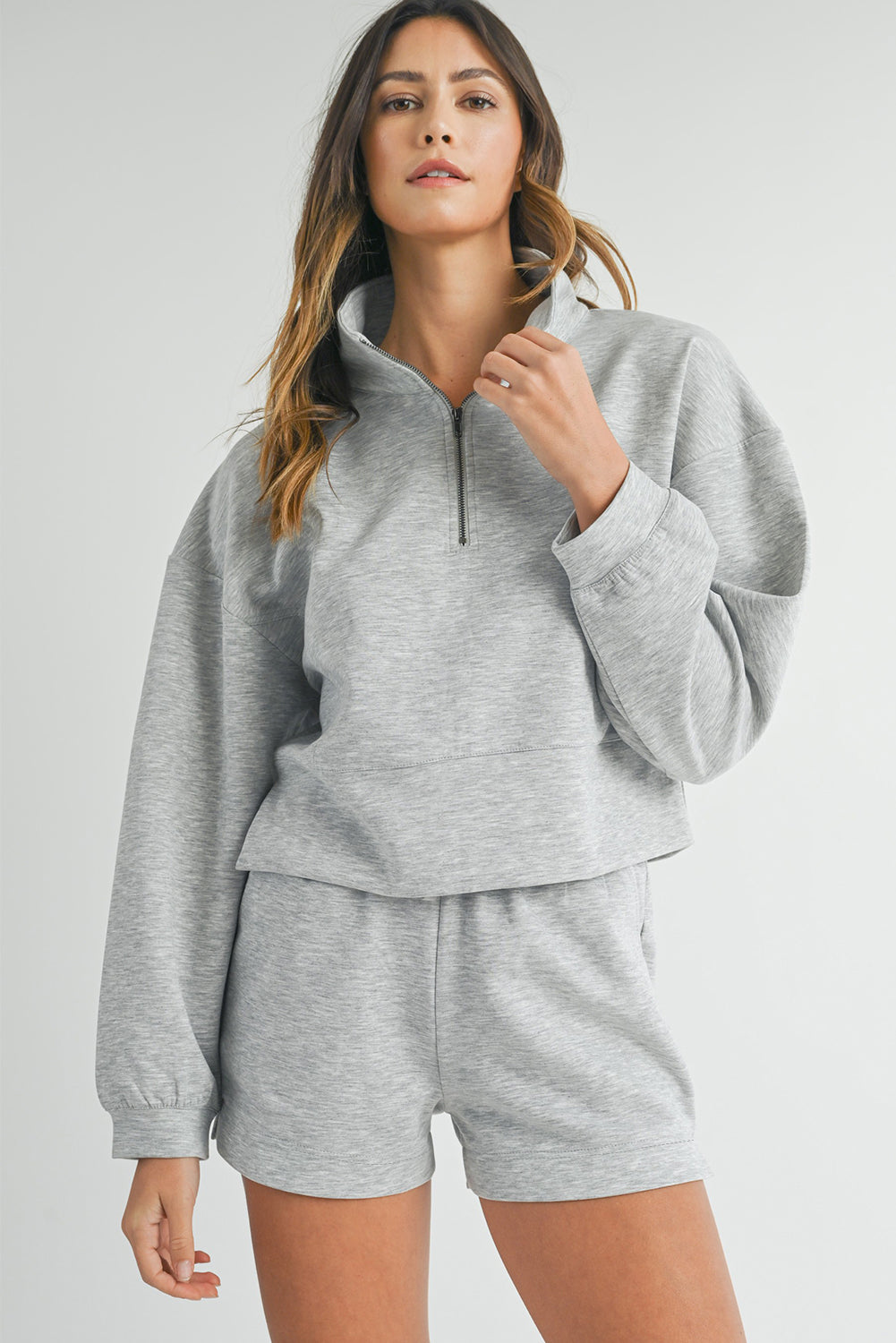 Light Grey Zipped Sweatshirt and Shorts Set