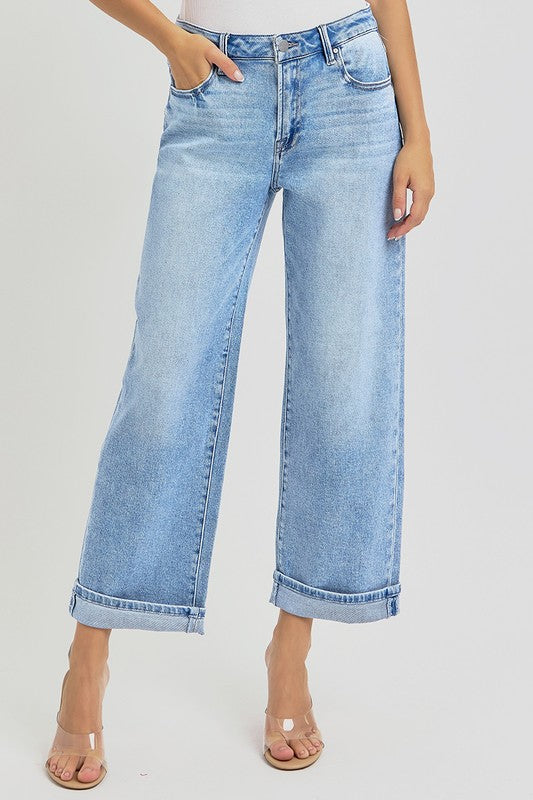 Ankle Wide Leg Cuffed Jeans Plus Size