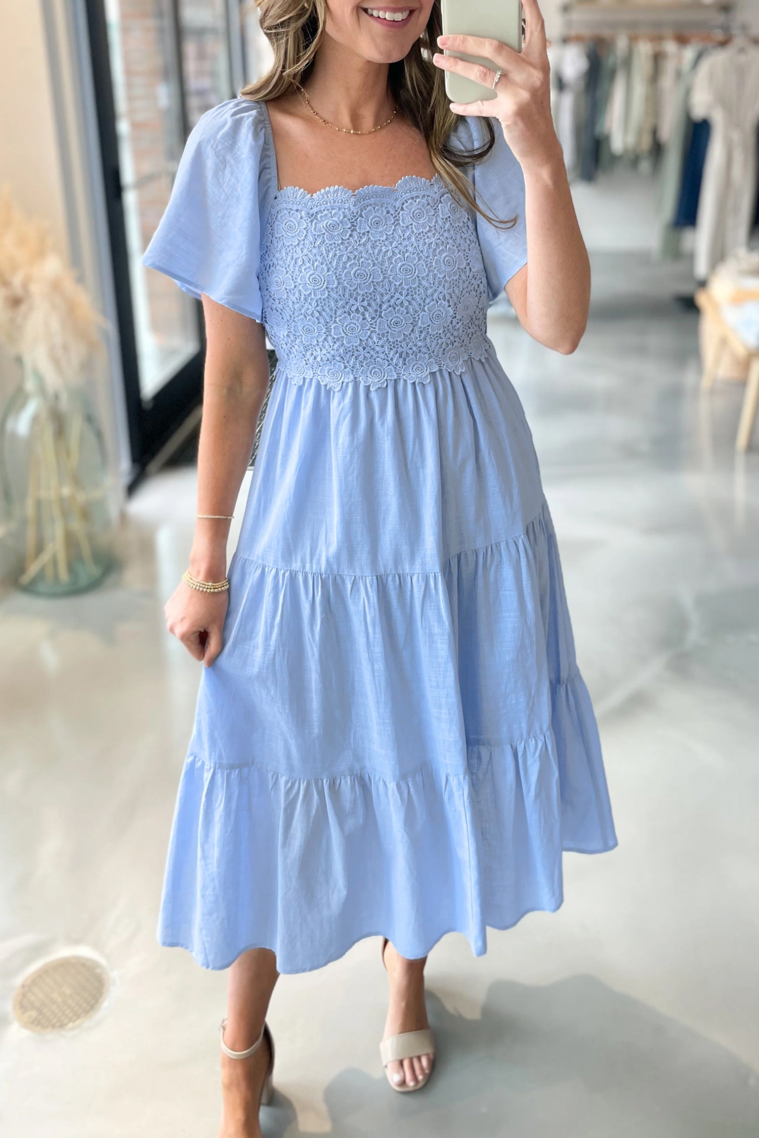 PRE-ORDER: Short Sleeve Lace Detail Square Neck Tiered Midi Dress