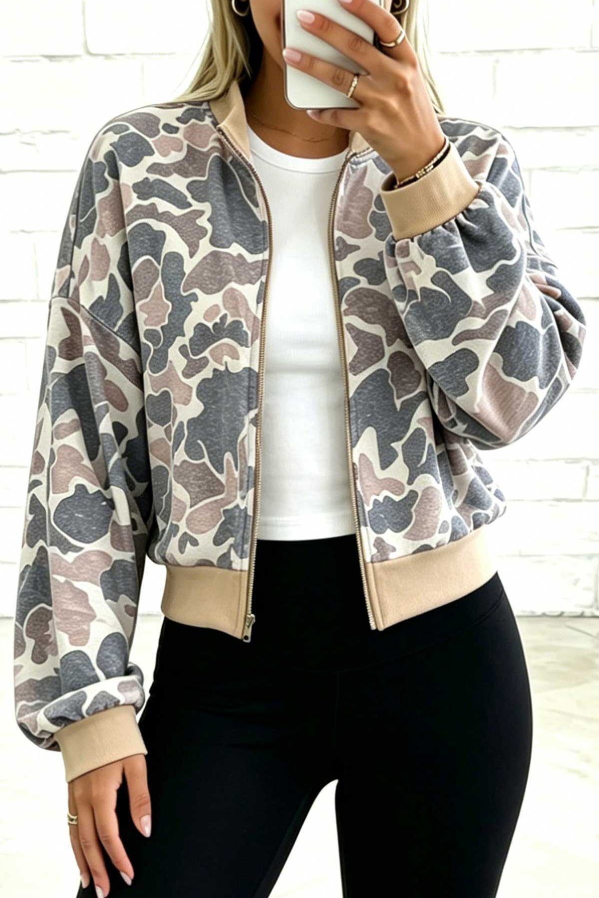 PRE-ORDER: Camouflage Color Block Trim Zip Bomber