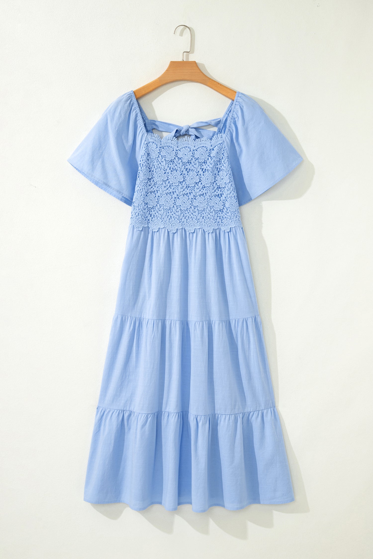 PRE-ORDER: Short Sleeve Lace Detail Square Neck Tiered Midi Dress