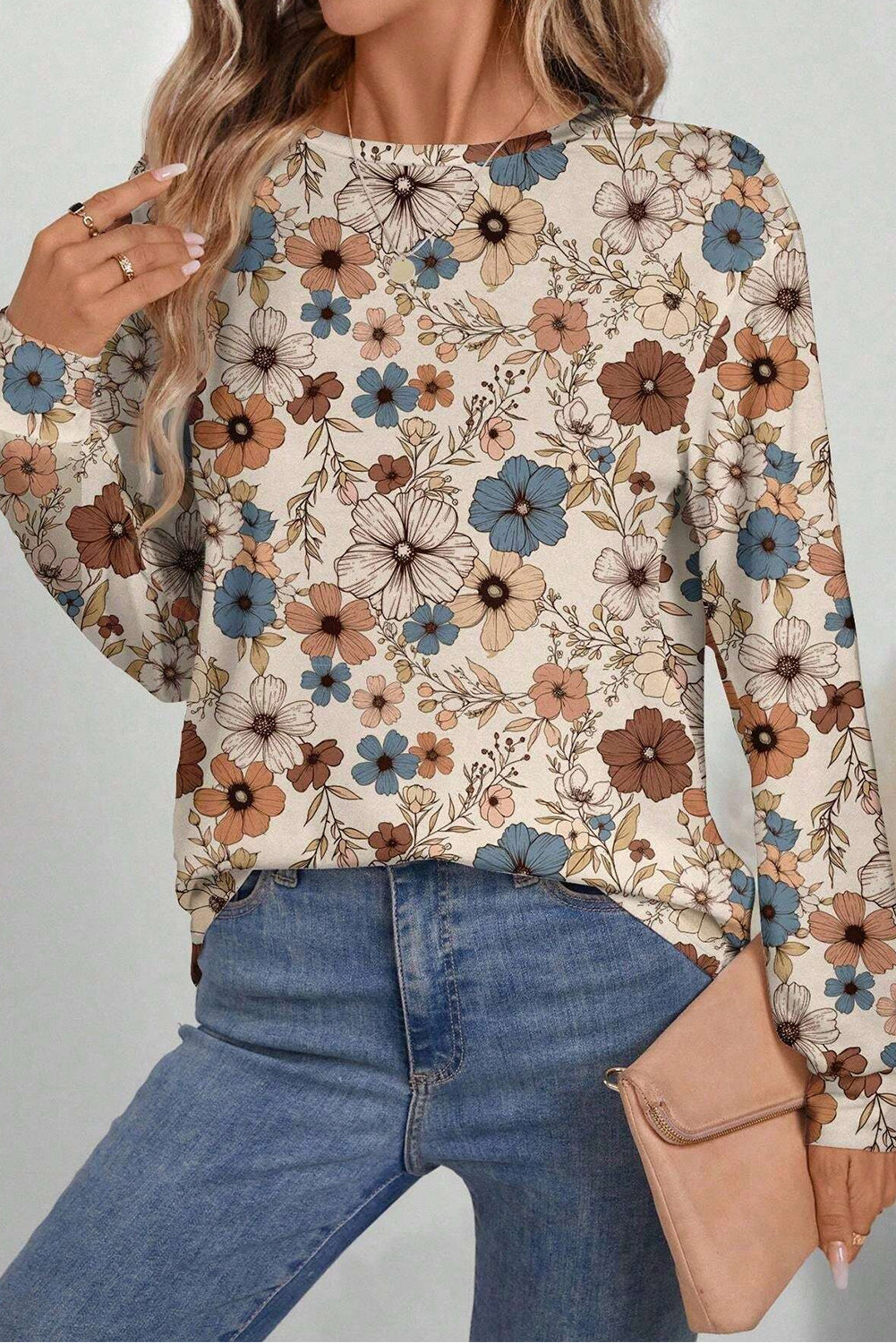 PRE-ORDER: Khaki Allover Floral Print Crew Neck Long Sleeve Top
