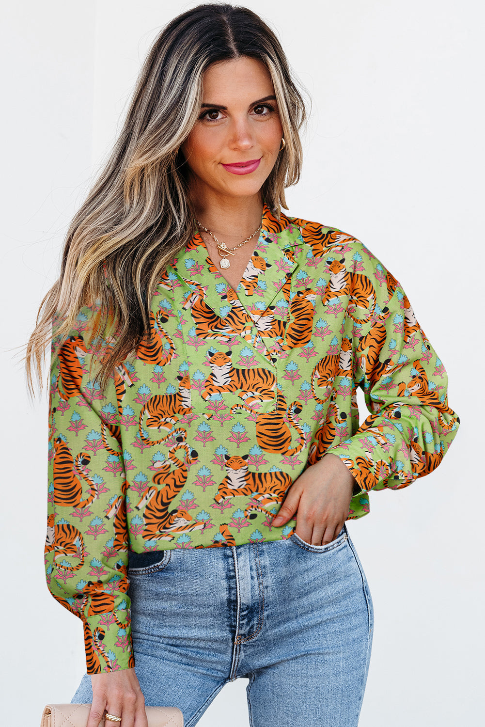 Green Tiger Floral Printed Collared V Neck Blouse