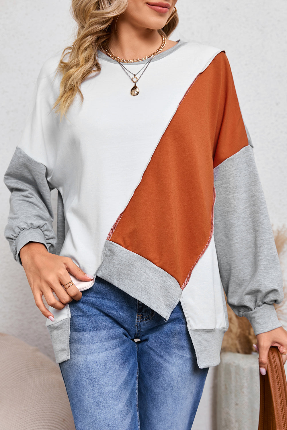 PRE-ORDER: Colorblock Stitching Irregular Hem Long Sleeve Top
