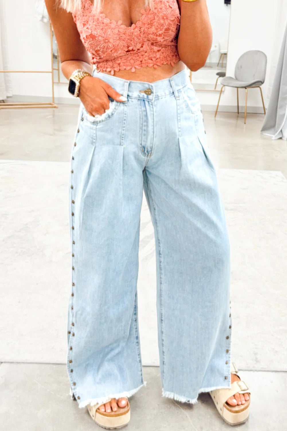 PRE-ORDER: Studded Side Slit Leg Frayed Pocketed Wide Leg Jeans
