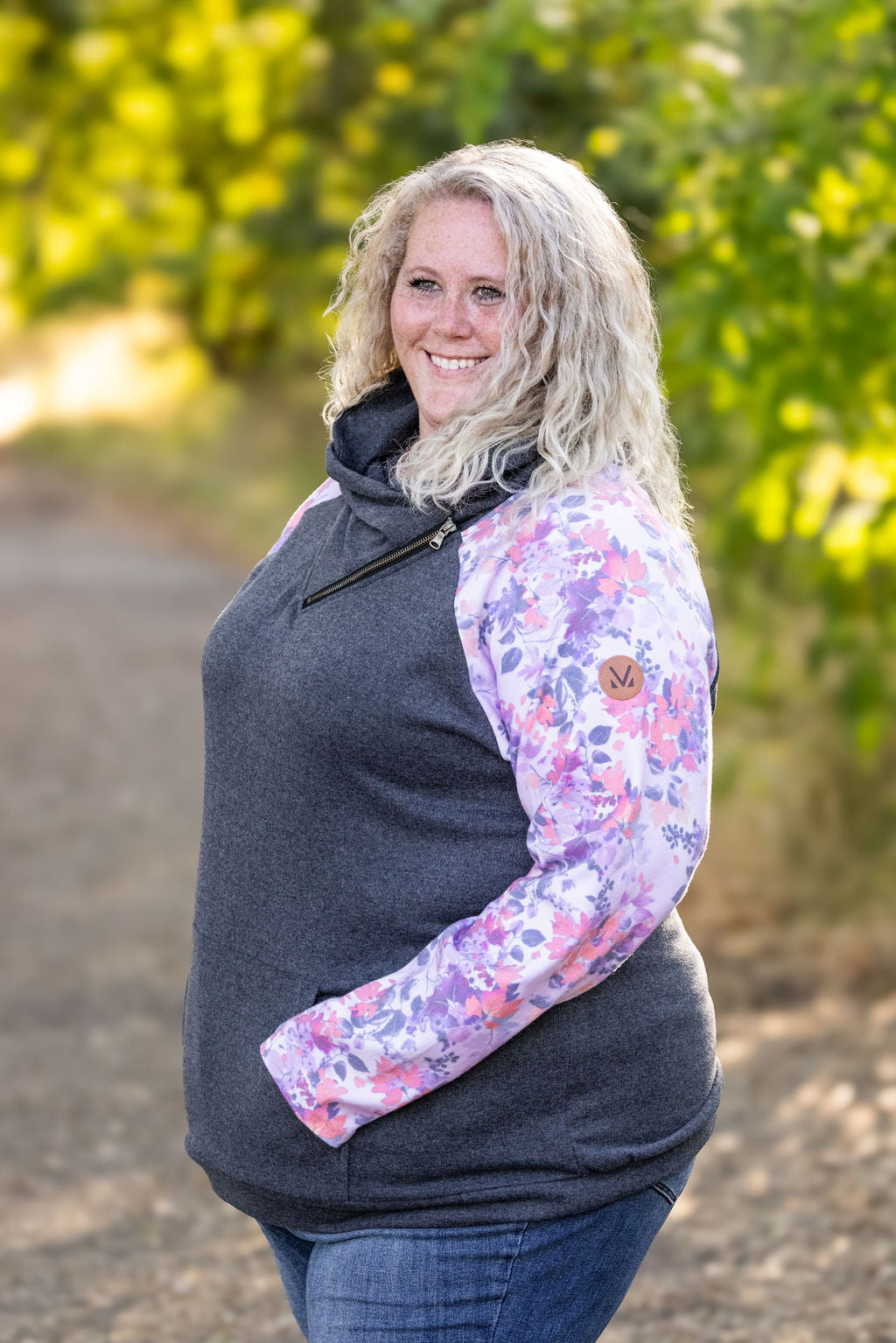 Zoey ZipCowl - Charcoal and Floral Leaves