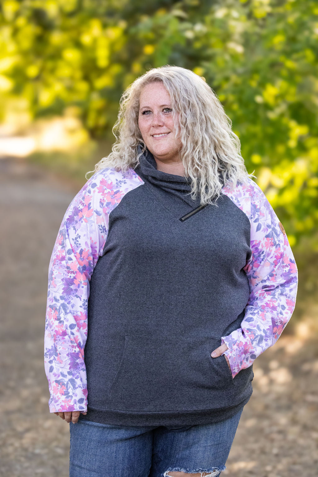 Zoey ZipCowl - Charcoal and Floral Leaves