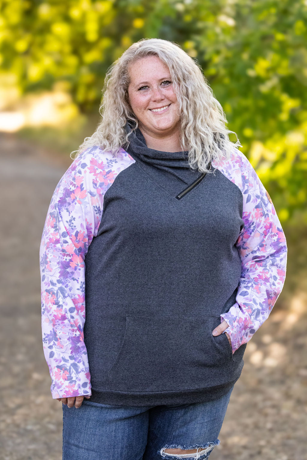 Zoey ZipCowl - Charcoal and Floral Leaves