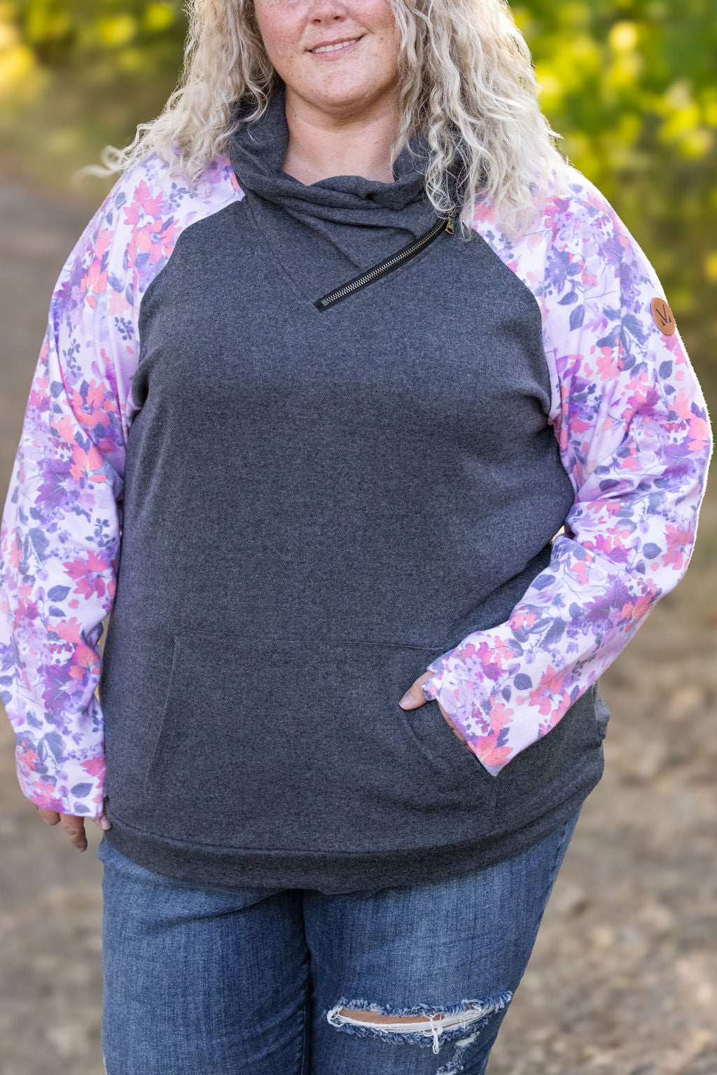 Zoey ZipCowl - Charcoal and Floral Leaves