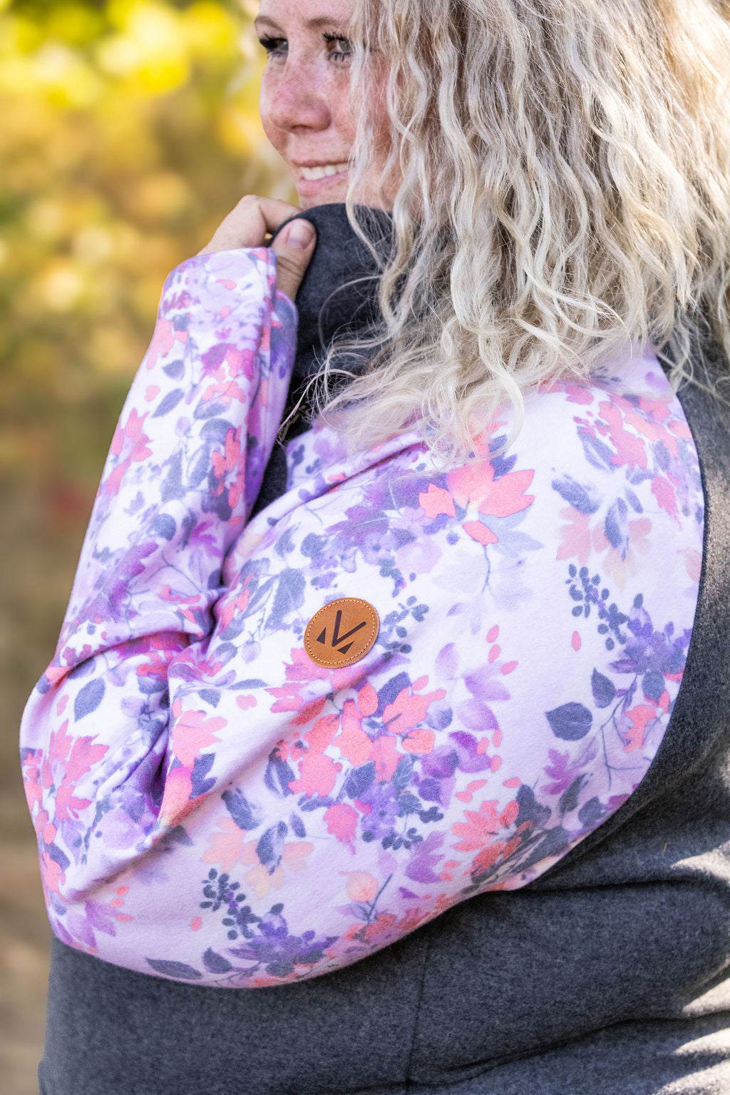 Zoey ZipCowl - Charcoal and Floral Leaves