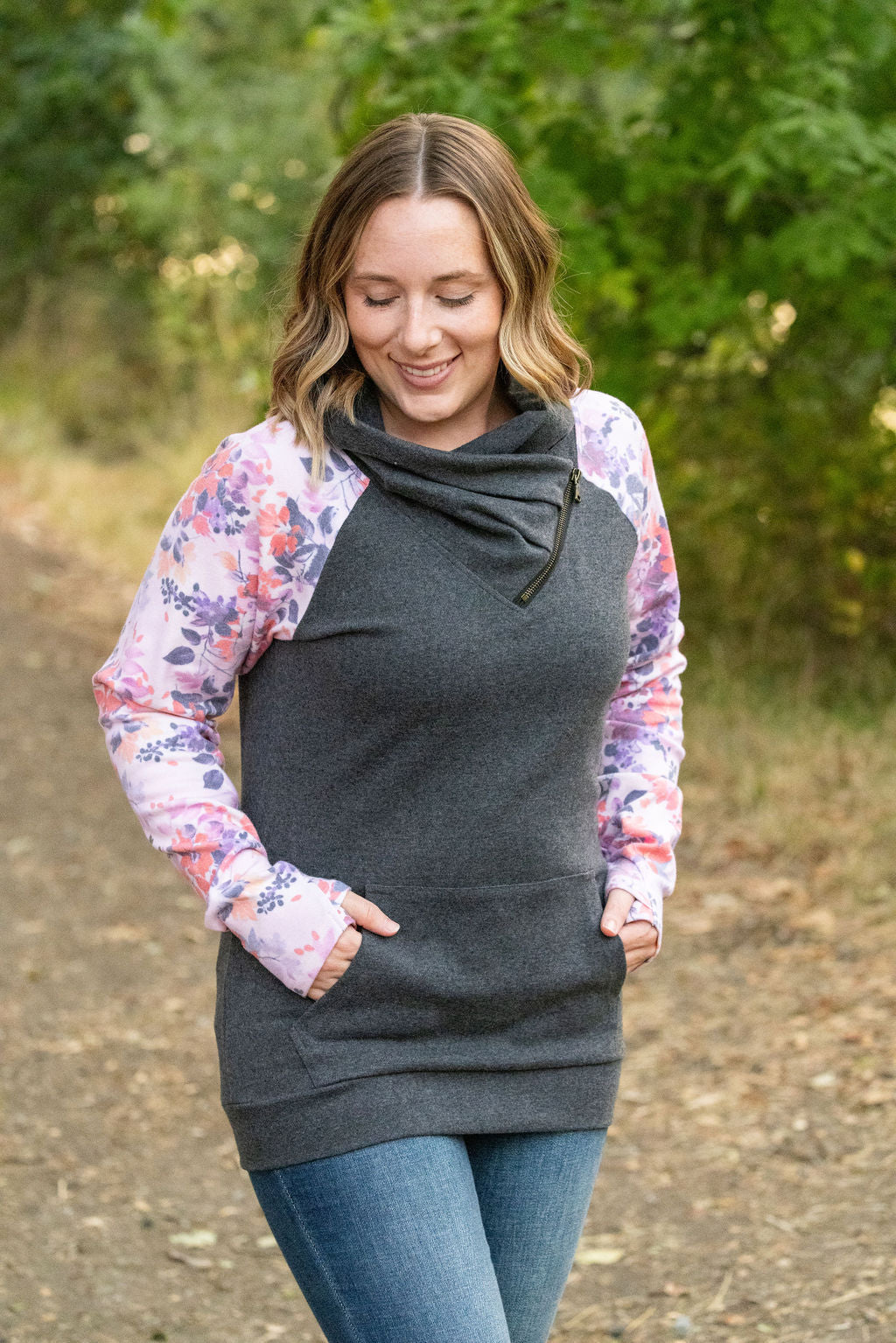 Zoey ZipCowl - Charcoal and Floral Leaves