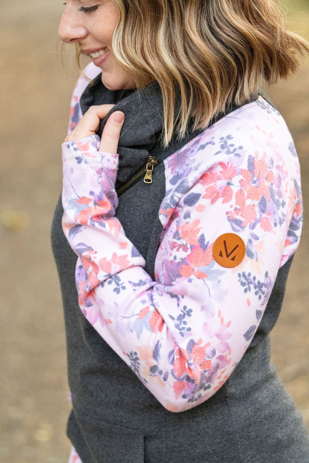 Zoey ZipCowl - Charcoal and Floral Leaves