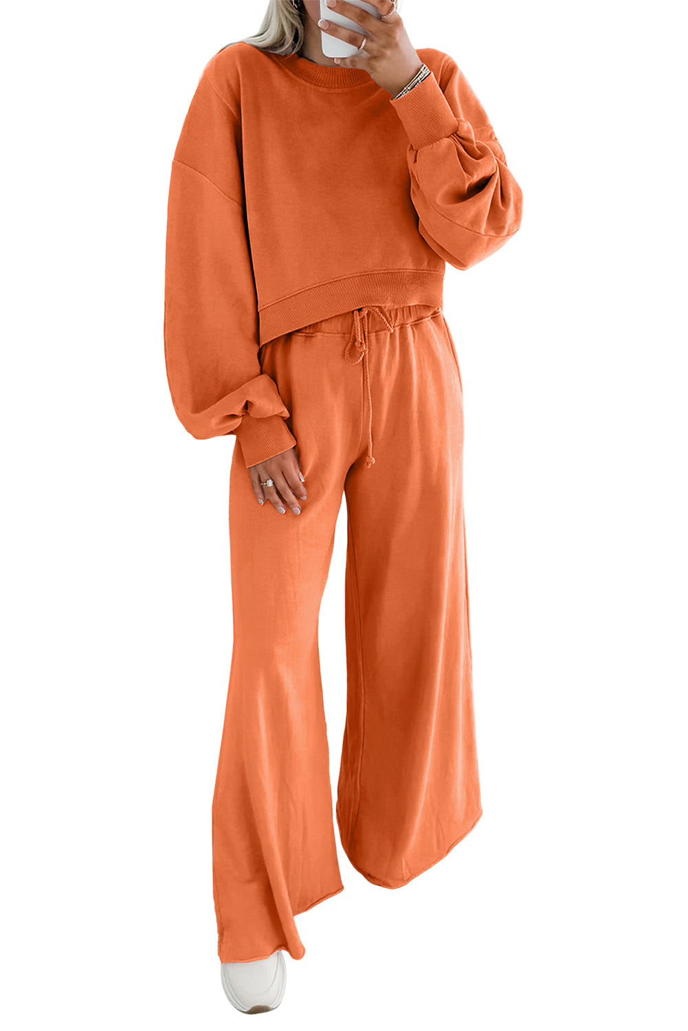 Drop Shoulder Crop Pullover Drawstring Wide Leg Pants Set