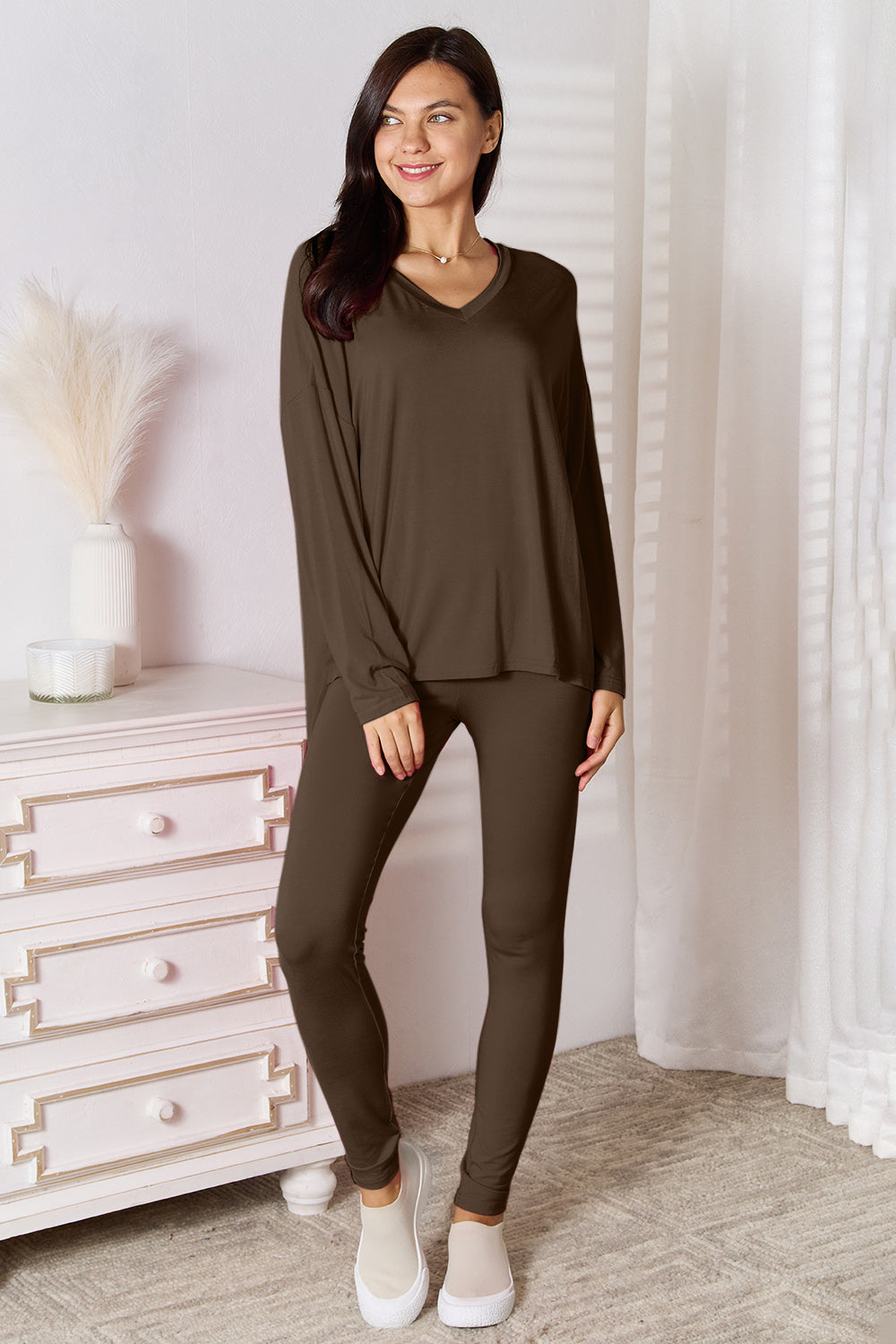 V-Neck Long Sleeve Top and Pants Lounge Set