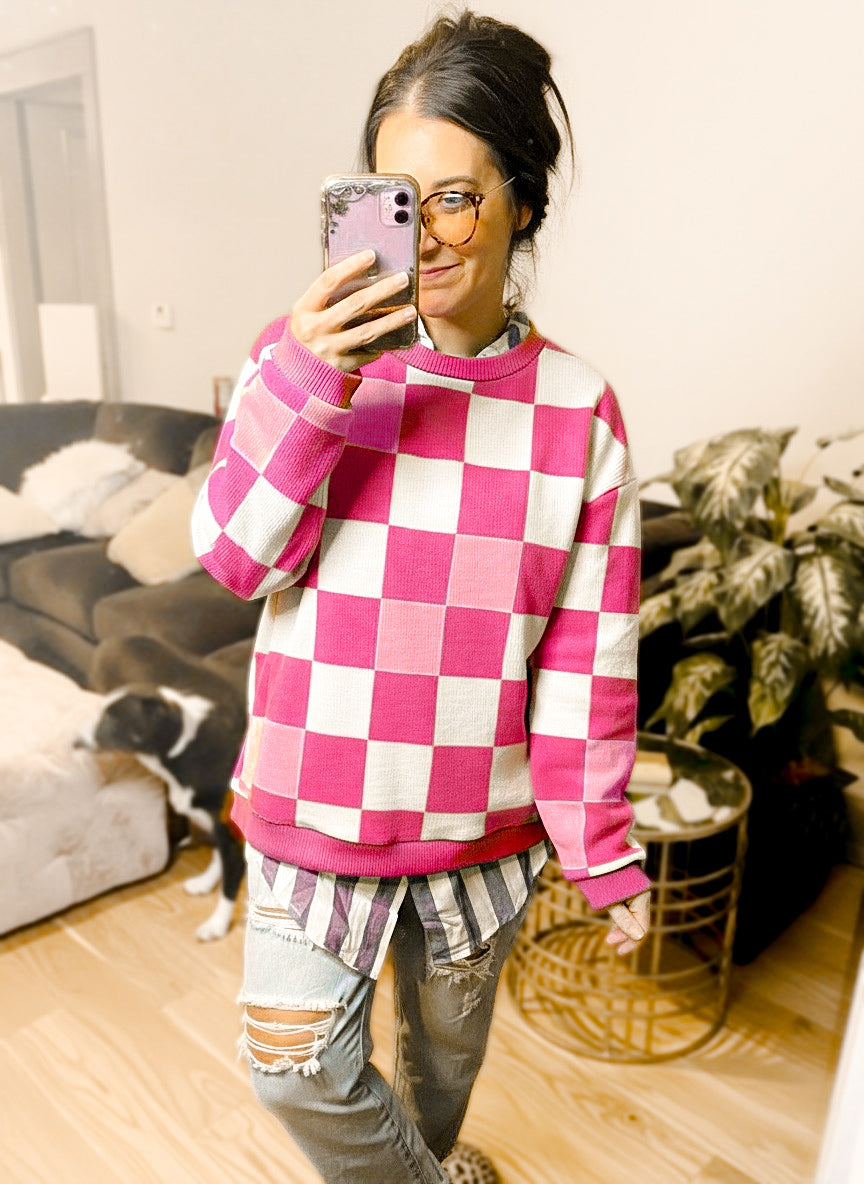 Checkered Chenille Cotton Corded Crew Sweatshirt