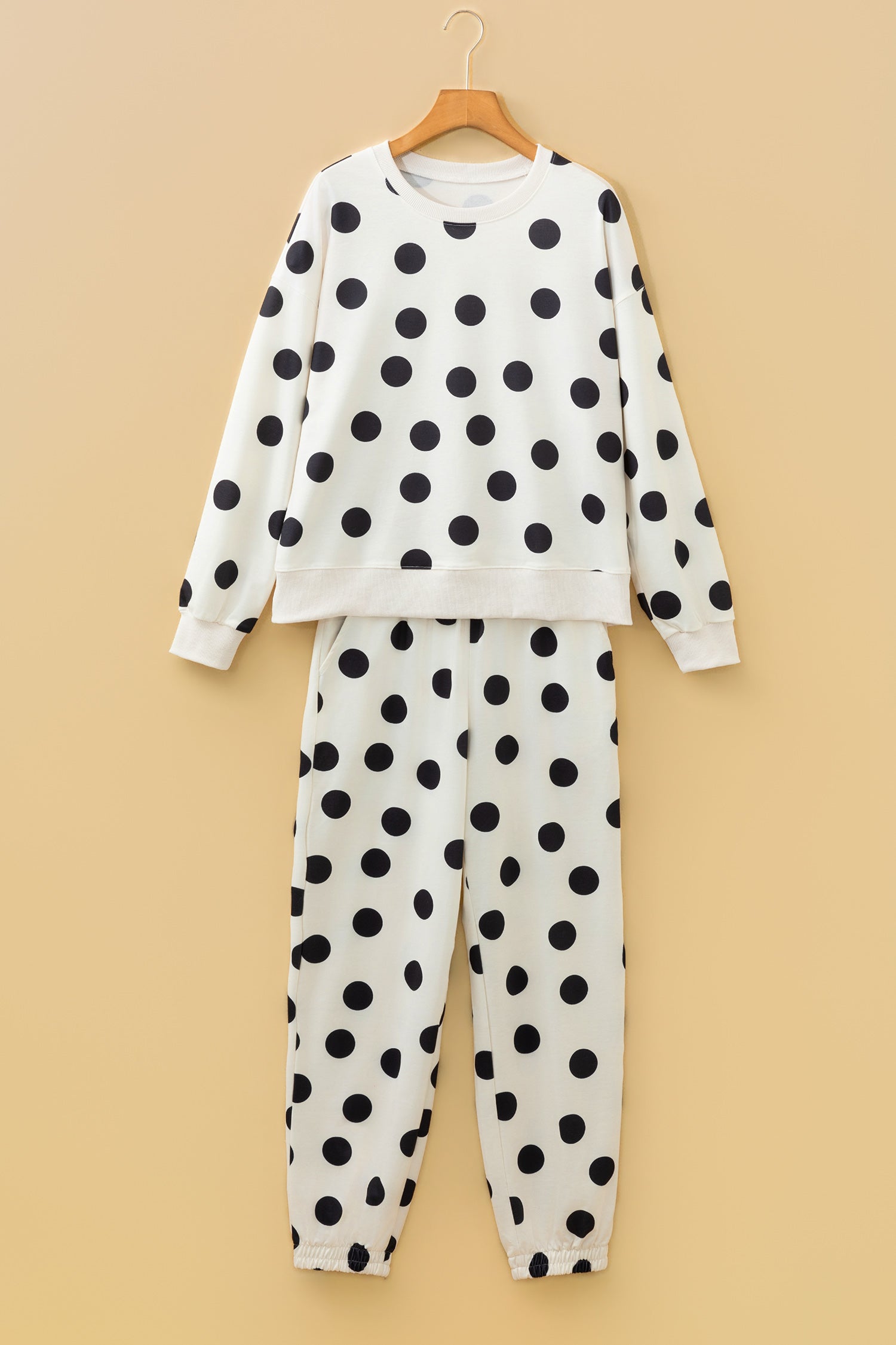 PRE-ORDER: Polka Dot Print Drop Shoulder Pullover Drawstring Jogger Pant Set