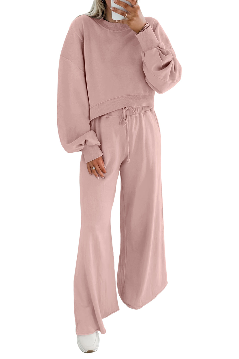 Drop Shoulder Crop Pullover Drawstring Wide Leg Pants Set